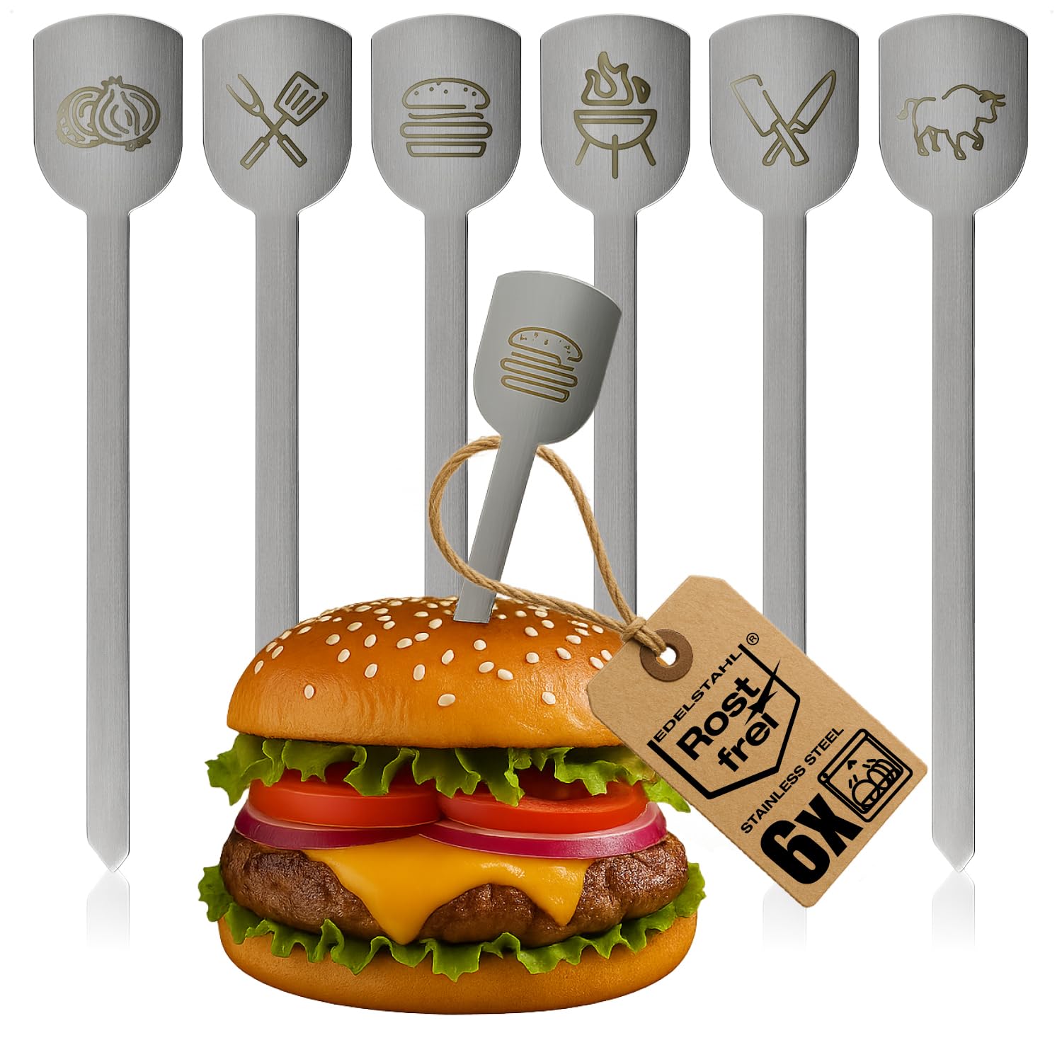 com-four® 6 Stainless Steel Burger skewers 19 cm, Metal Picks with Wide Open Grip Area, Grill Accessory for Serving Patties, Meat, Vegetables (6X - Wide - 19cm)