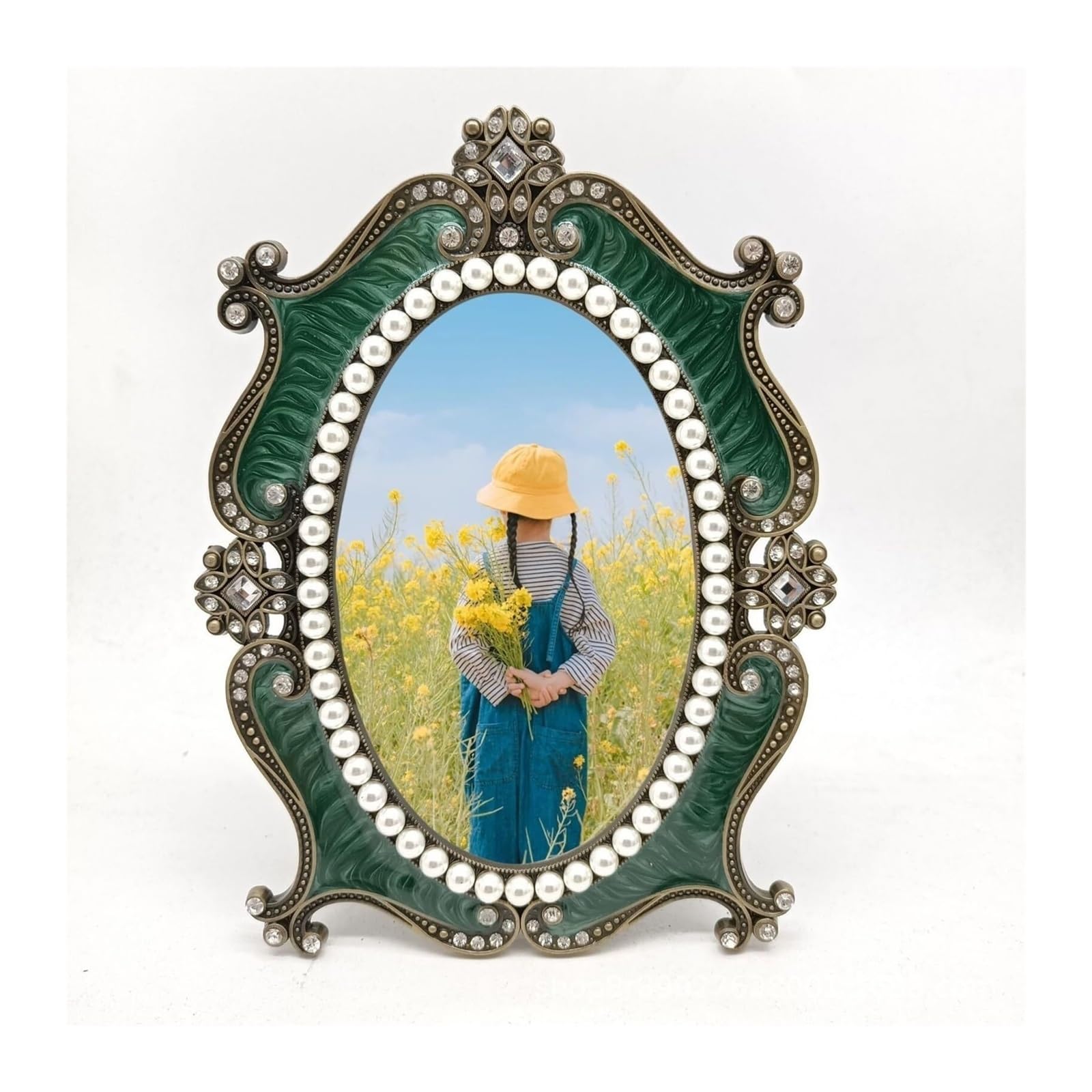 Cadre photo ovale vintage en métal vert et perles pour photo 5 x 7 et 8 x 10