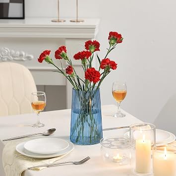Blue Glass Vase for Flowers, Ribbed Vase, Flower Vases for Bouquet, Modern Glass Vases for Living Room, Bedroom, Dining Table, Office, Shelf, 20CM