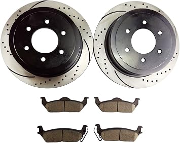 QPD10021 Rear Slotted & Drilled Rotors and Ceramic Pads Brake Kit for Ford F-150 Pickup 4WD,Lincoln