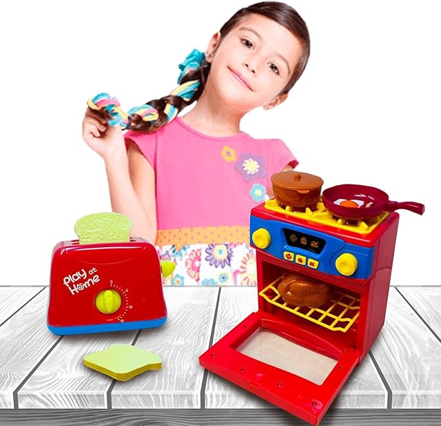 Kids Set of 2 Cooker Oven Toy & Toaster Toy Kitchen Play Set - Stove Top Play Oven, Lights Sounds and Accessories Pup up Toaster Toy Gift For Children Pretended Play Toy Realistic Kitchen Toys