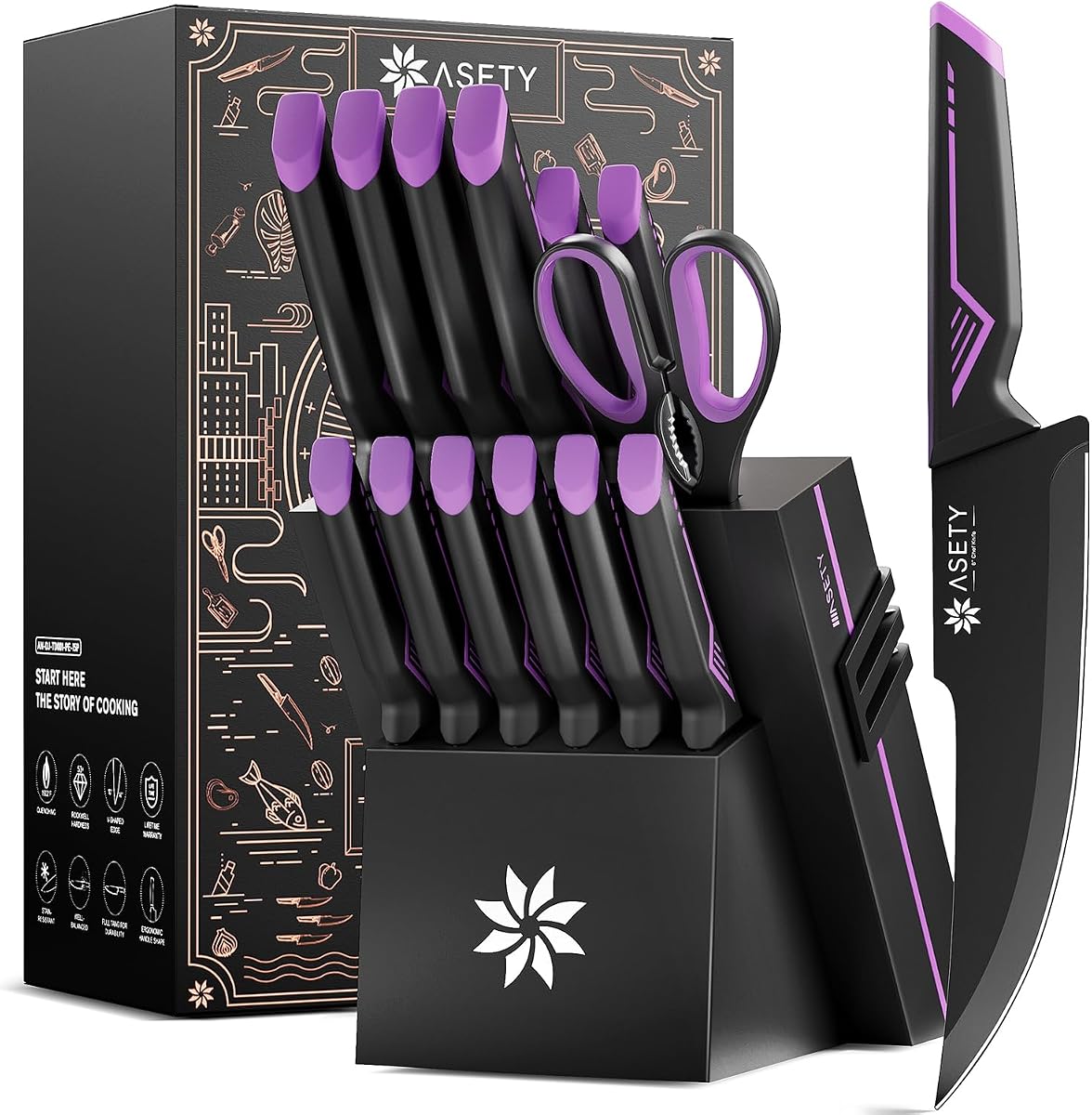 Juego de cuchillos ASETY, juego de cuchillos de cocina de 15 PIEZAS con bloque afilador incorporado | Afilador, cuchillos aptos para lavavajillas, juego de bloques de cuchillos de acero inoxidable, mango ergonómico antideslizante, caja elegante para hombres y mujeres