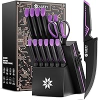 ASETY 15-Piece Kitchen Knife Set with Sharpener Block - Stainless Steel, Dishwasher Safe, Vibrant Black & Purple Design