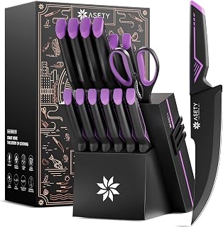 ASETY 15-Piece Kitchen Knife Set with Built-in Sharpener Block - Sharp Stainless Steel Blades, Dishwasher Safe, Elegant Purple Design