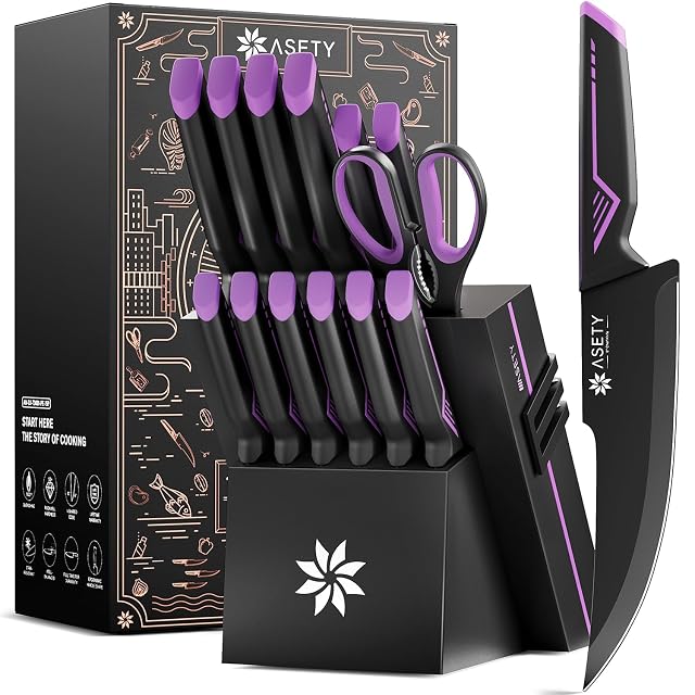 Knife Set - 15 PCS Kitchen Knife Set with Built-in Knife Sharpener Block - Stainless Steel Knife Block