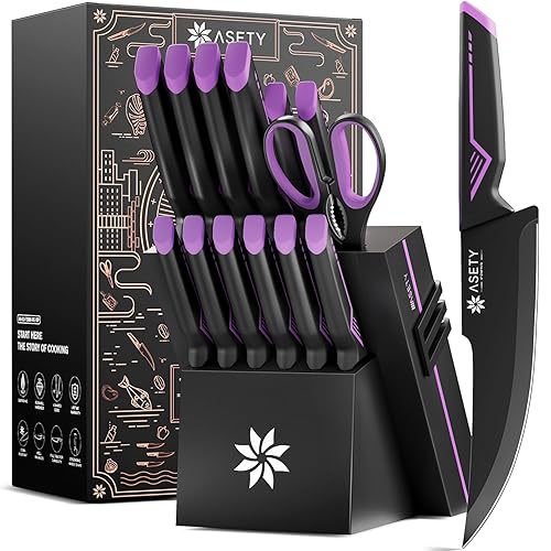 Knife Set - 15 PCS Kitchen Knife Set with Built-in Knife Sharpener Block - Stainless Steel Knife Block Set - Dishwasher Safe, Elegant Box for Men Women - Elegant Purple