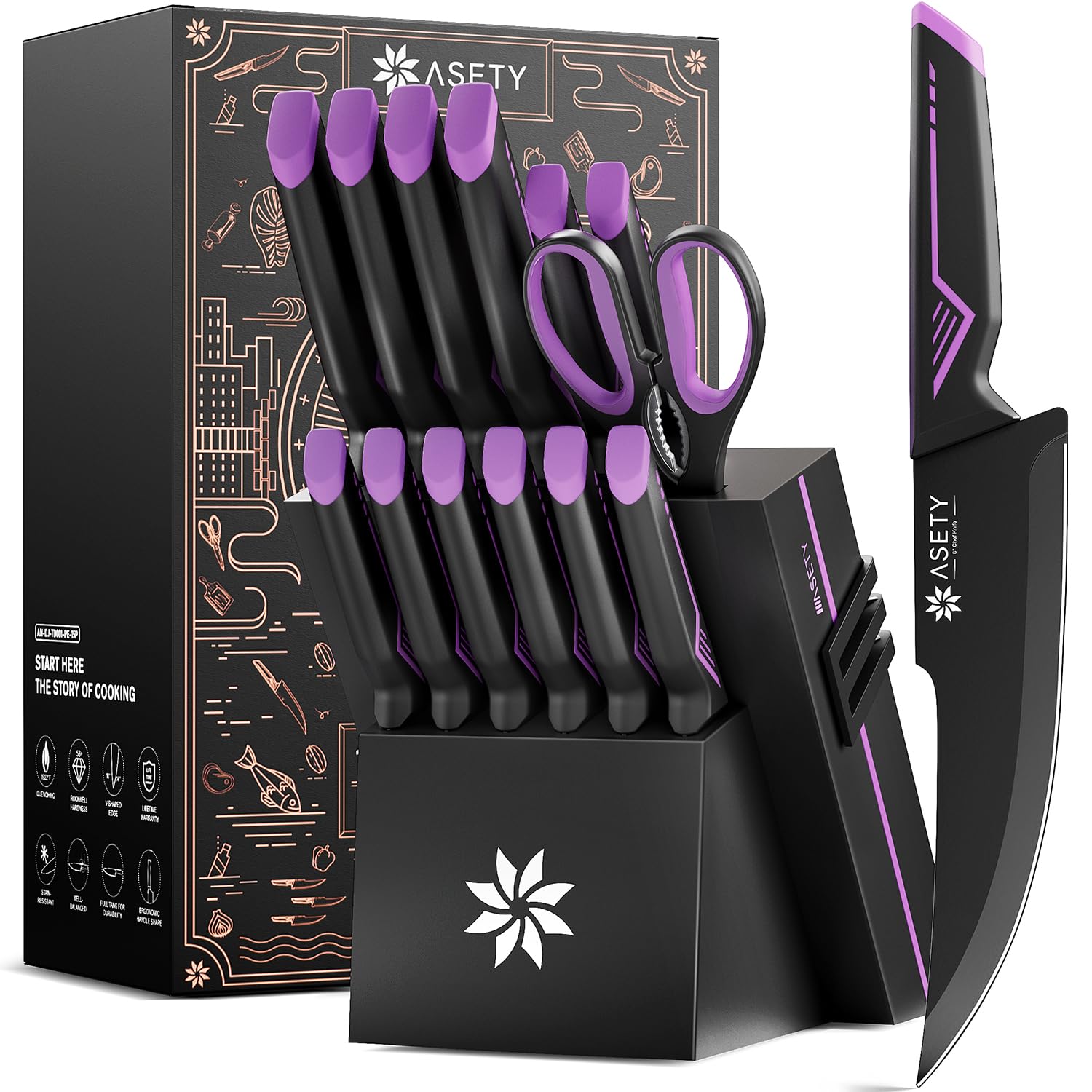 Knife Set - 15 PCS Kitchen Knife Set with Built-in Knife Sharpener Block - Stainless Steel Knife Block Set - Dishwasher Safe, Elegant Box for Men Women