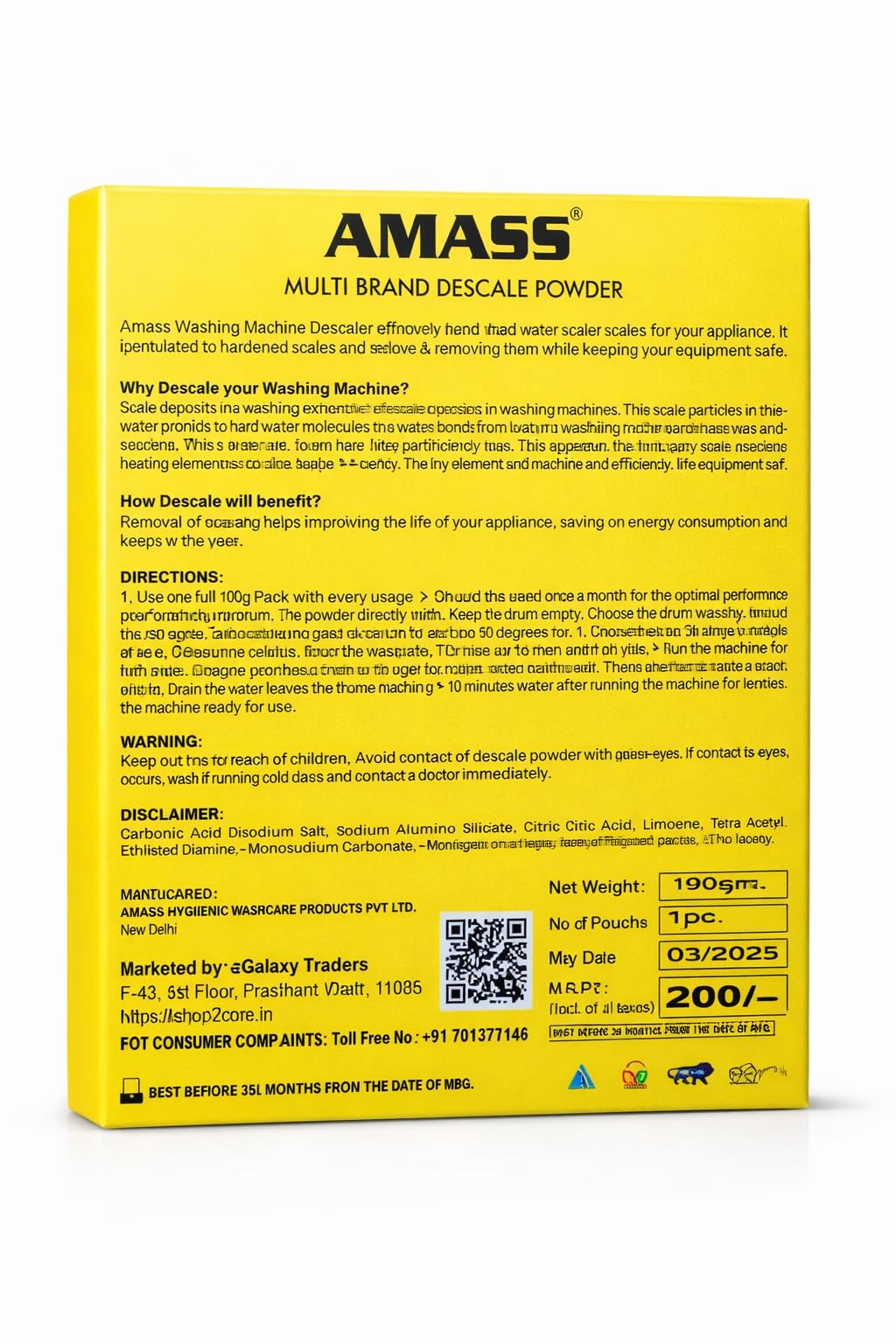 AMASS Advanced Descale Powder (6 x 100 Gms.) for Washing Machines Top Load & Front Load, Dishwashers, Air Conditioners, Coffee Machines etc. 1