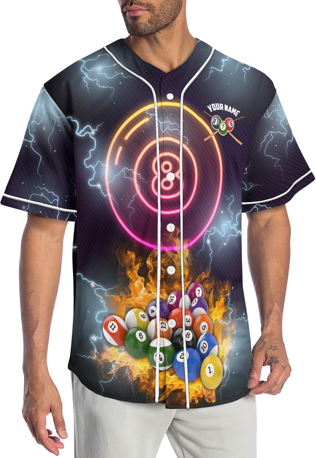 Customized Billiards Themed Button Down Baseball Jersey with Printed USA 8 Ball Pool Graphic Sports Tee Shirt