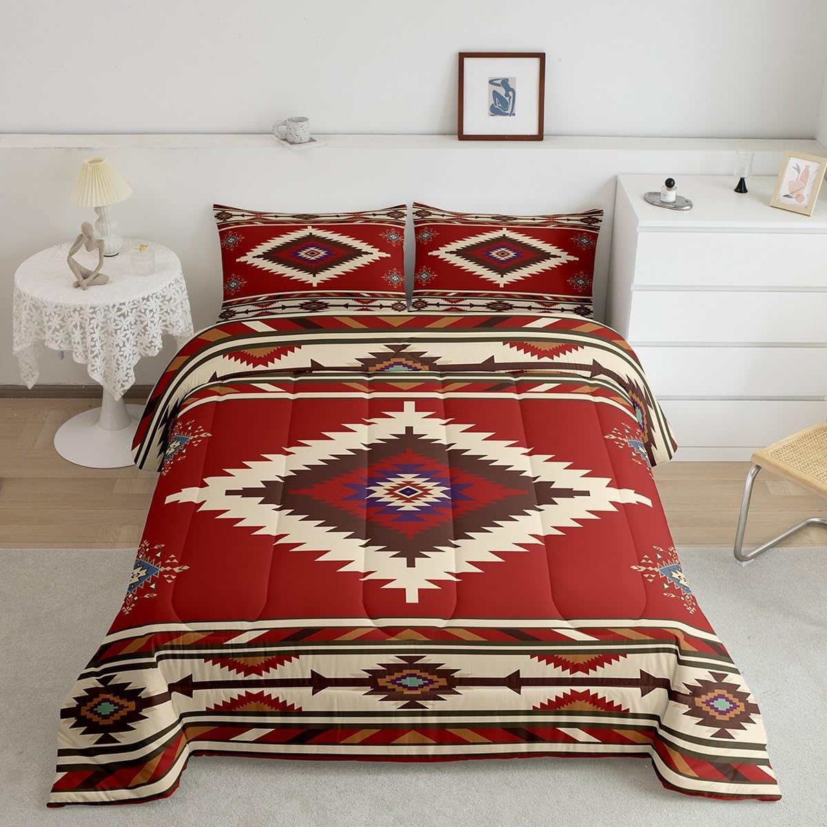 Feelyou Southwestern Geometric Bedding Set King Size Retro Exotic Boho Comforter Set for Kids Boys Girls Decor Indian Tribal Geometry Comforter Red Beige Duvet Set Bedroom Quilt Set Multi 60