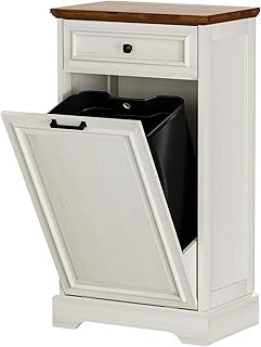 AHB 13 Gallon Tilt Out Trash Cabinet Kitchen Waste Bins, Laundry Hamper Tilt Out Pet Proof Hidden Trash Can for Kitchen Living Room, Antique White and Brown