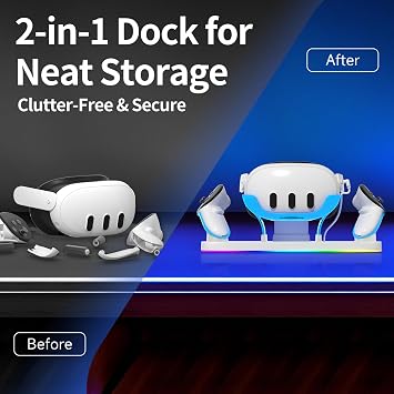 Charging Dock for Meta Quest3/3S, 18W Fast Charger with 2 Rechargeable Batteries, 8 LED Lighting Modes, USB-C Charging Accessory for Oculus Meta Quest 3/3S, Support Elite/Battery Head Strap