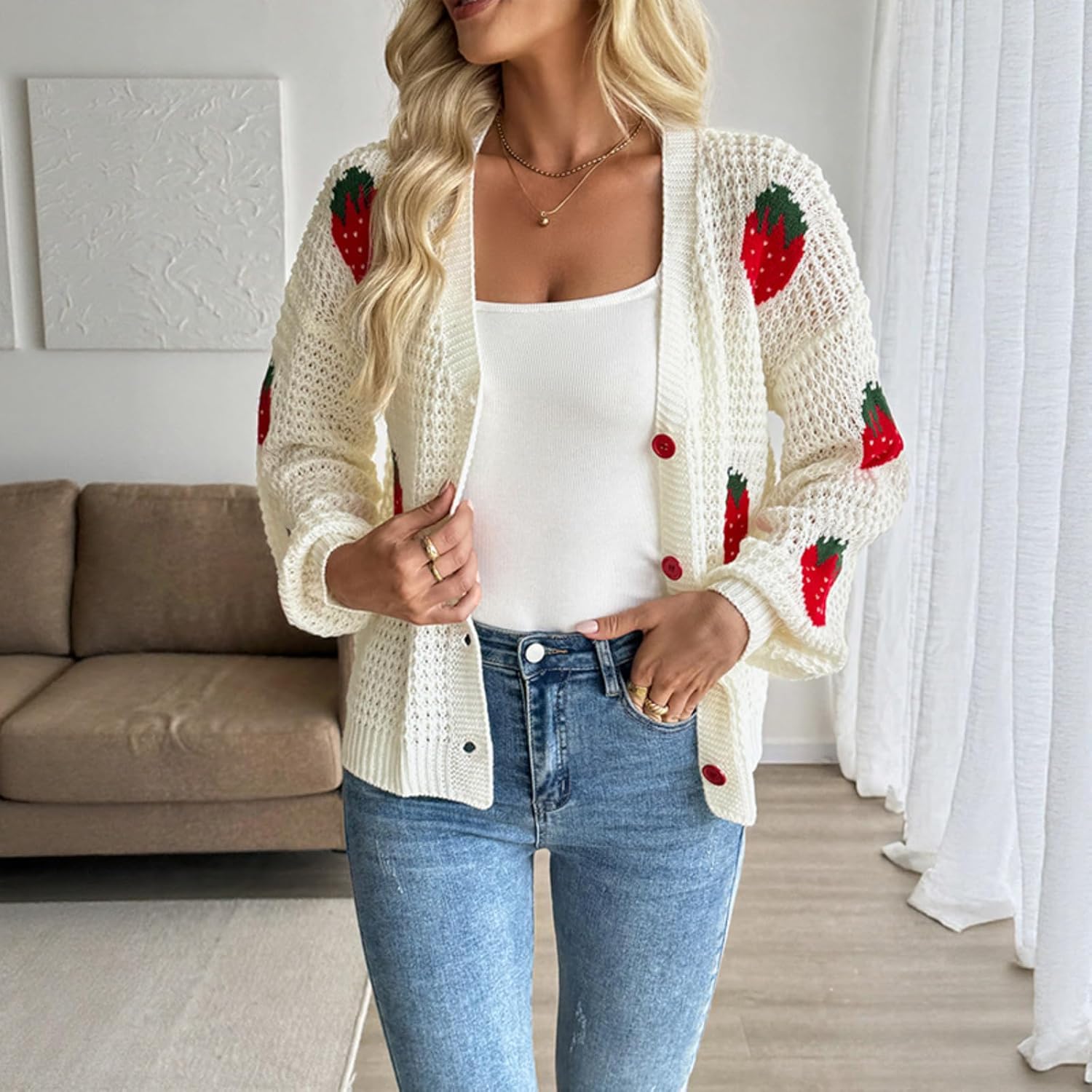 Women’s Kawaii Strawberry Knit Cardigan – Cute V Neck Button Down Cropped Sweater, Fall Long Sleeve Jumper Top