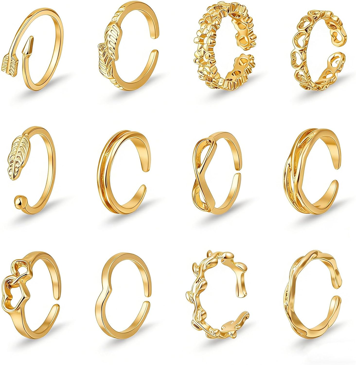 Ouligay 12PCS Toe Rings for Women Non Tarnish Silver Adjustable Toe Rings Set with Open Flower Toe Ring, Copper Crafted, Perfect Summer Beach Jewelry