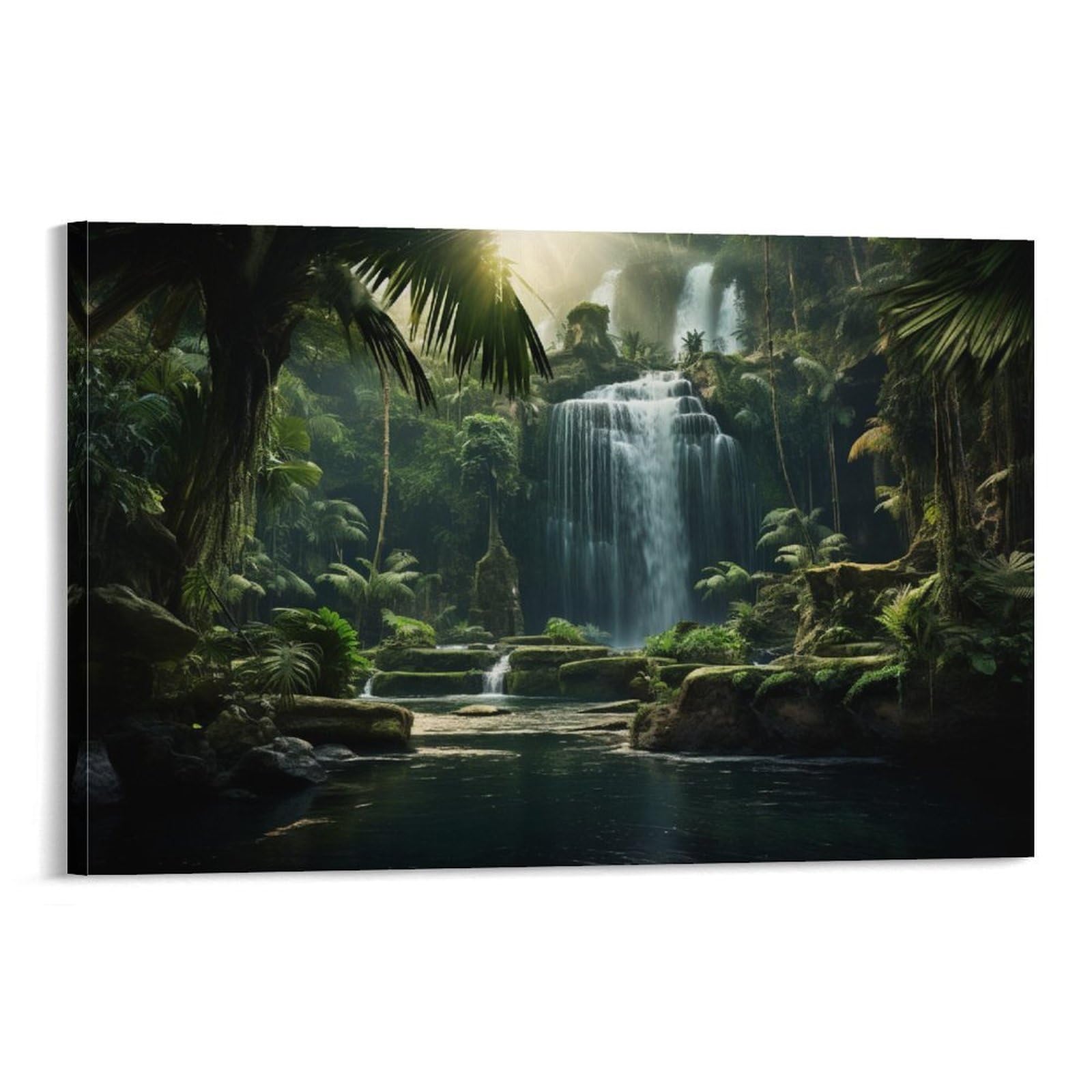 Euumkoo Framed Natural Rainforest Canvas Wall Art, Waterfall Green Plants Picture Painting On Canvas, Print Poster Decoration Artwork For Home Living Room Bedroom Wall Decor Frame 24X36inch(60X90cm)