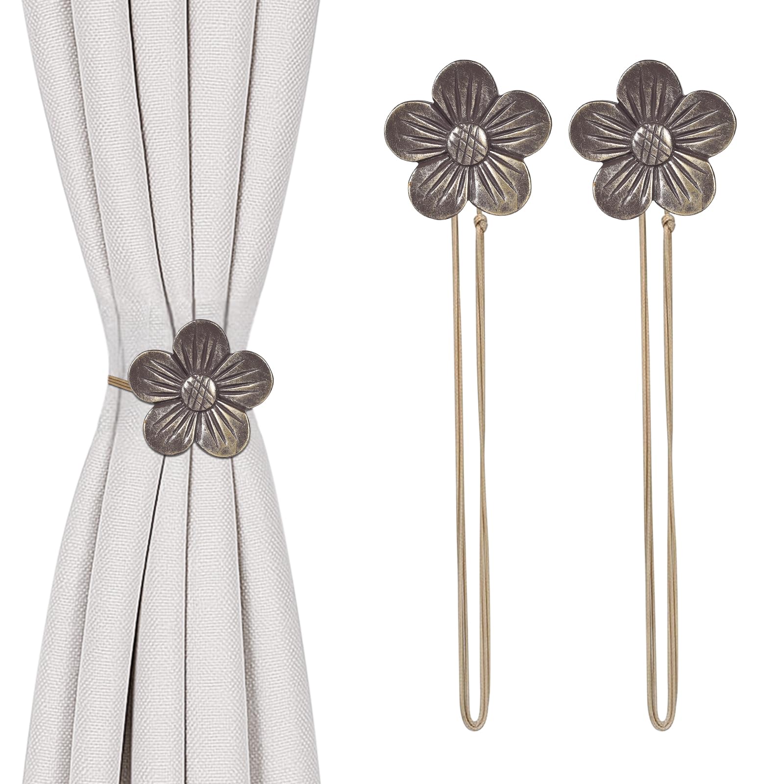 TopHomer Magnetic Curtain Tie Backs, 2Pcs Adjustable (40cm/15.7in) Curtain Tiebacks, 5 Colors Resin Flower Magnetic Tie Backs for Curtains Home Office Thick/Thin Drapes