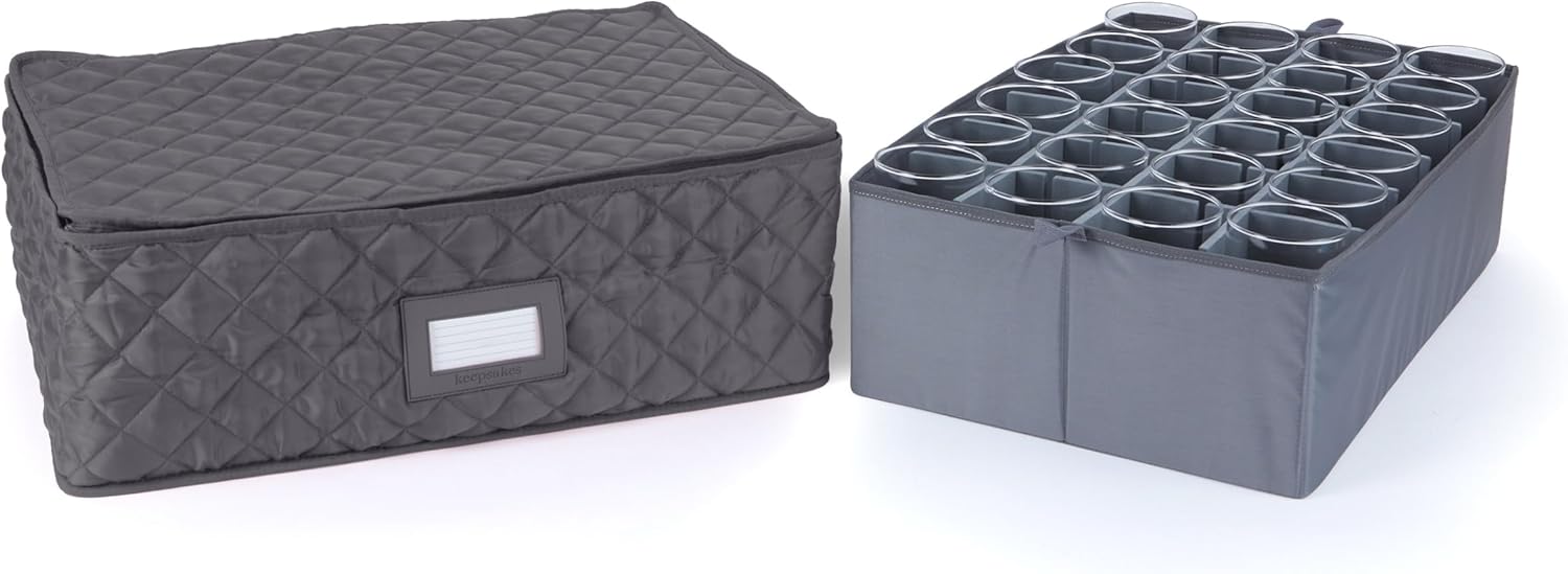 Covermates Adjustable Glassware Storage Container with FlexGrid Dividers, Padded Quilted Organizer for Wine Glasses & Stemware, Zipper Closure, ID Window, Stackable Storage, Slate