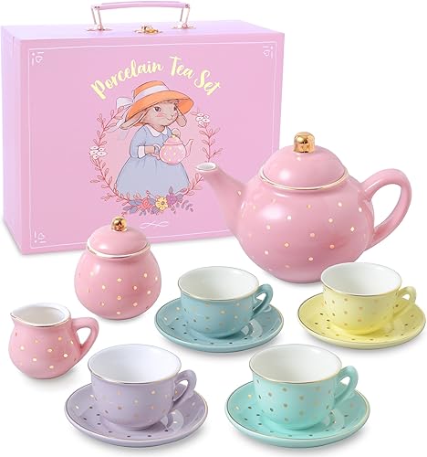 Juego de té de porcelana para niñas, juego de té de lunares dorados en colores pastel para niños, completo juegos de té para niños con funda de