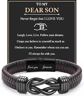 JJBAOER Son Gifts Engraved Braided Leather Bracelet Jewellery Son Bracelet from Mum Daddy 18th Birthday Gifts for Boys Christmas Graduation Back to School Gifts Stocking Fillers