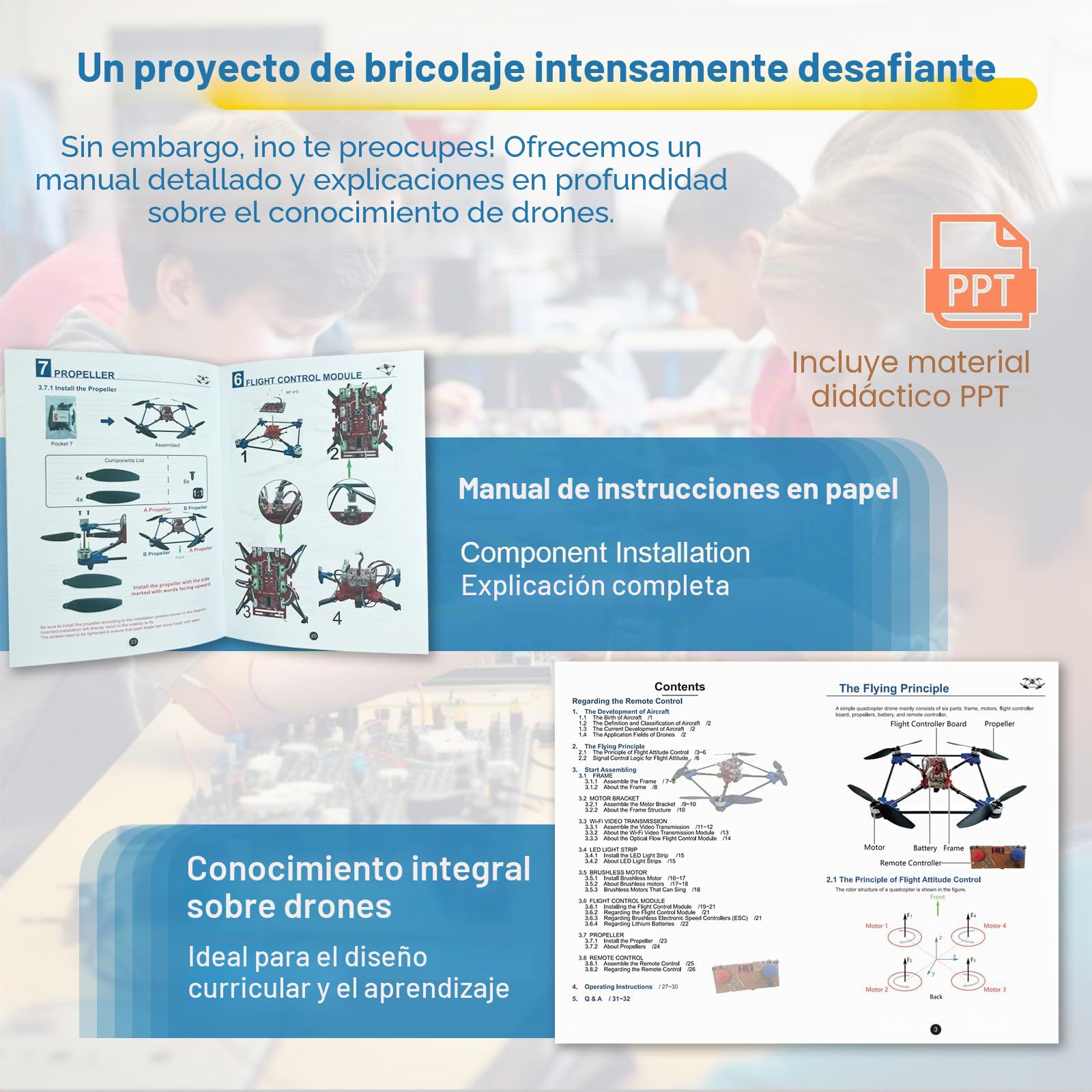 Kit de Dron Cuadricóptero DIY: un proyecto STEM único con motor sin escobillas, vuelo estacionario por flujo óptico, despegue y aterrizaje con un solo clic, y giro de 360° para que los entusiastas del