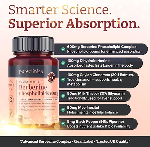 Miniatura 4 de pureclinica Complejo de berberina de doble fuerza, 700 mg de berberina activa, dihidroberina, canela de Ceilán, cardo mariano, 60 comprimidos, alta