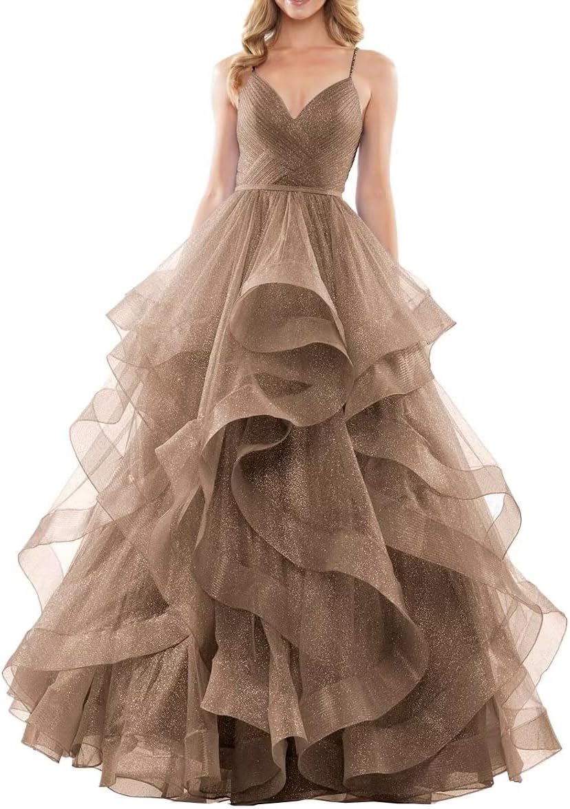 Glitter Tulle Prom Dresses for Women Tiered Ruffle Ball Gowns Spaghetti Straps V Neck Formal Evening Party Dress
