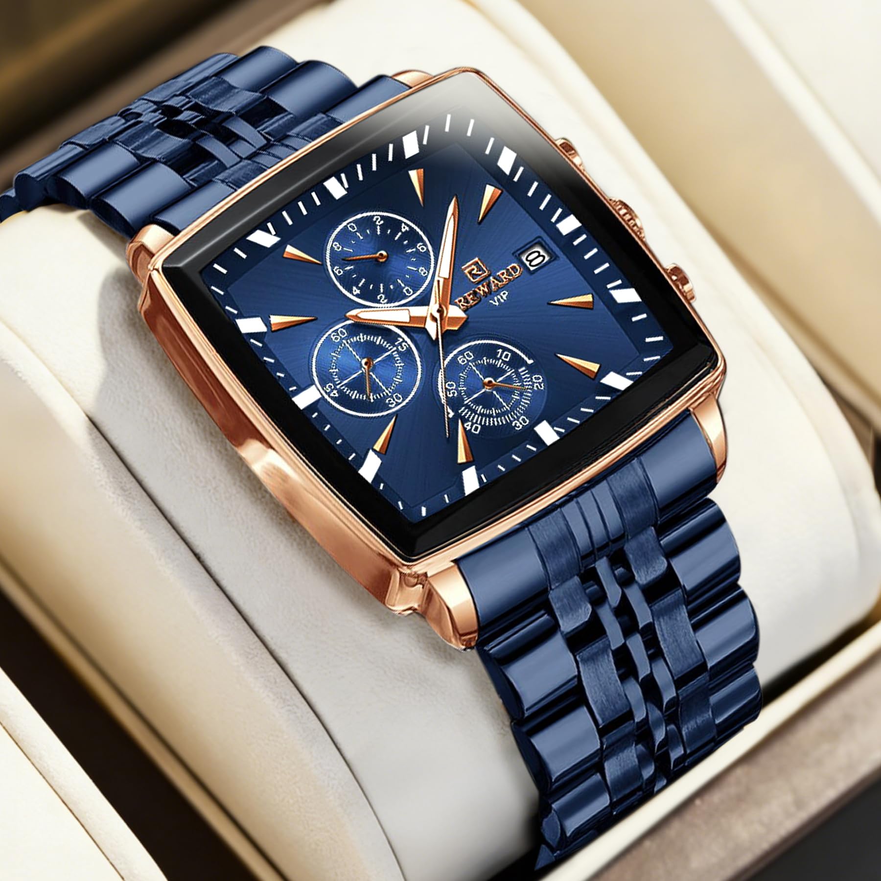 FORSINING Orologio Uomo Quadrato, Orologio Cronografo al Quarzo Business con Funzione Luminosa e Data, Impermeabile Cinturino in Acciaio Inossidabile Blu Orologio di Lusso per Uomo