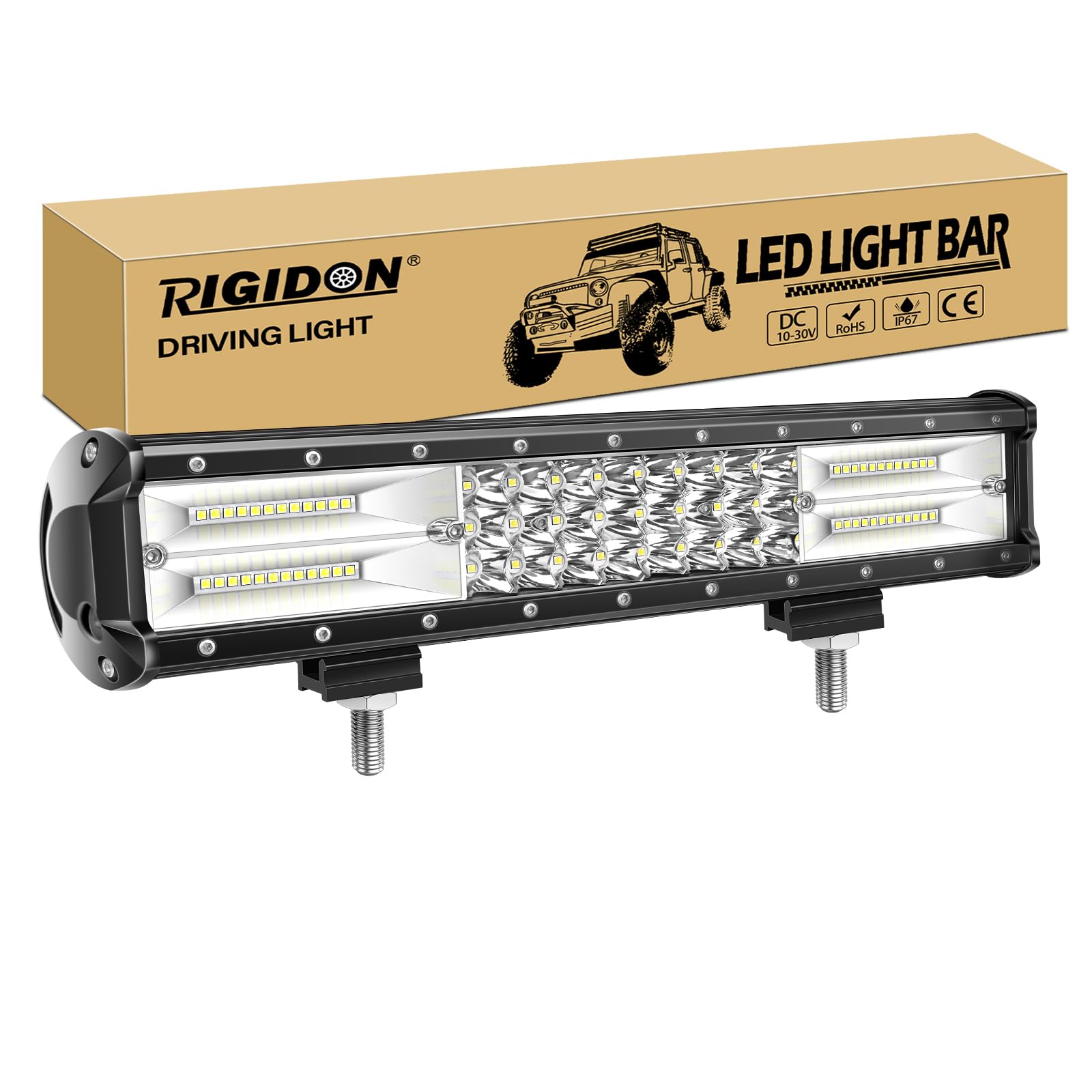 RIGIDON Listwa świetlna LED do jazdy 38 cm 216 W, 7D trójrzędowy 12 V 24 V do samochodów terenowych ciężarówek SUV UTE ATV 4 x 4, wiązka punktowa powodziowa, wodoodporna lampa robocza, 6000 K białe światło przeciwmgielne