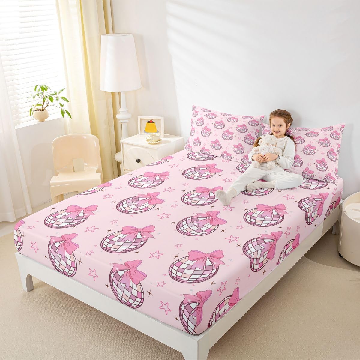 jejeloiu Kids Disco Mirror Ball Fitted Sheet Queen Size Pink Bow Bedding Set for Boys Girls Funky Cute Bed Sheet Set Bed Cover Deep Pocket Room Decor