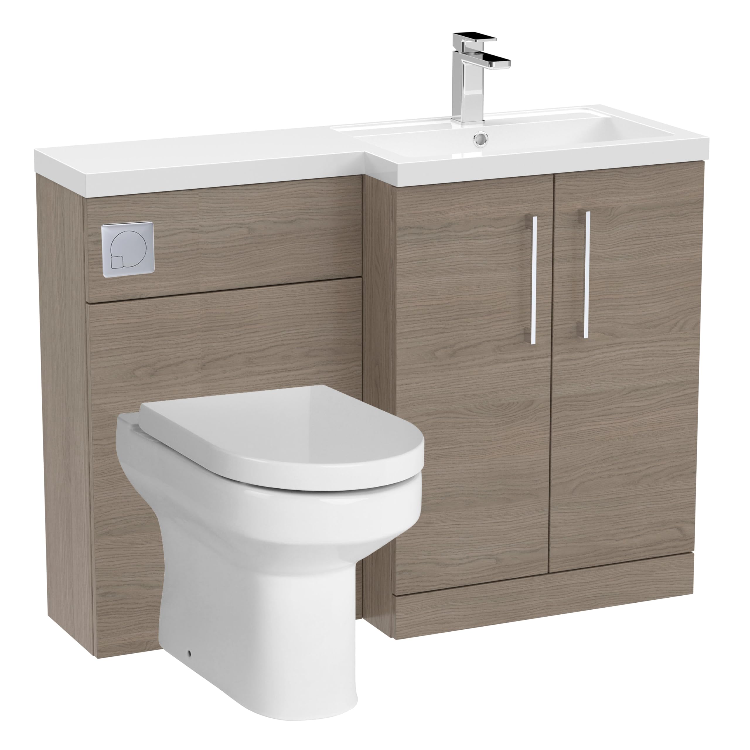 Balterley Vanity Unit with Basin, WC Unit with Toilet Pan, Seat, Cistern, Floor Standing 2 Door Soft Close Vanity, Toilet Pan with Soft Close Seat, Right Hand Bathroom Sink Storage (Solace Oak)