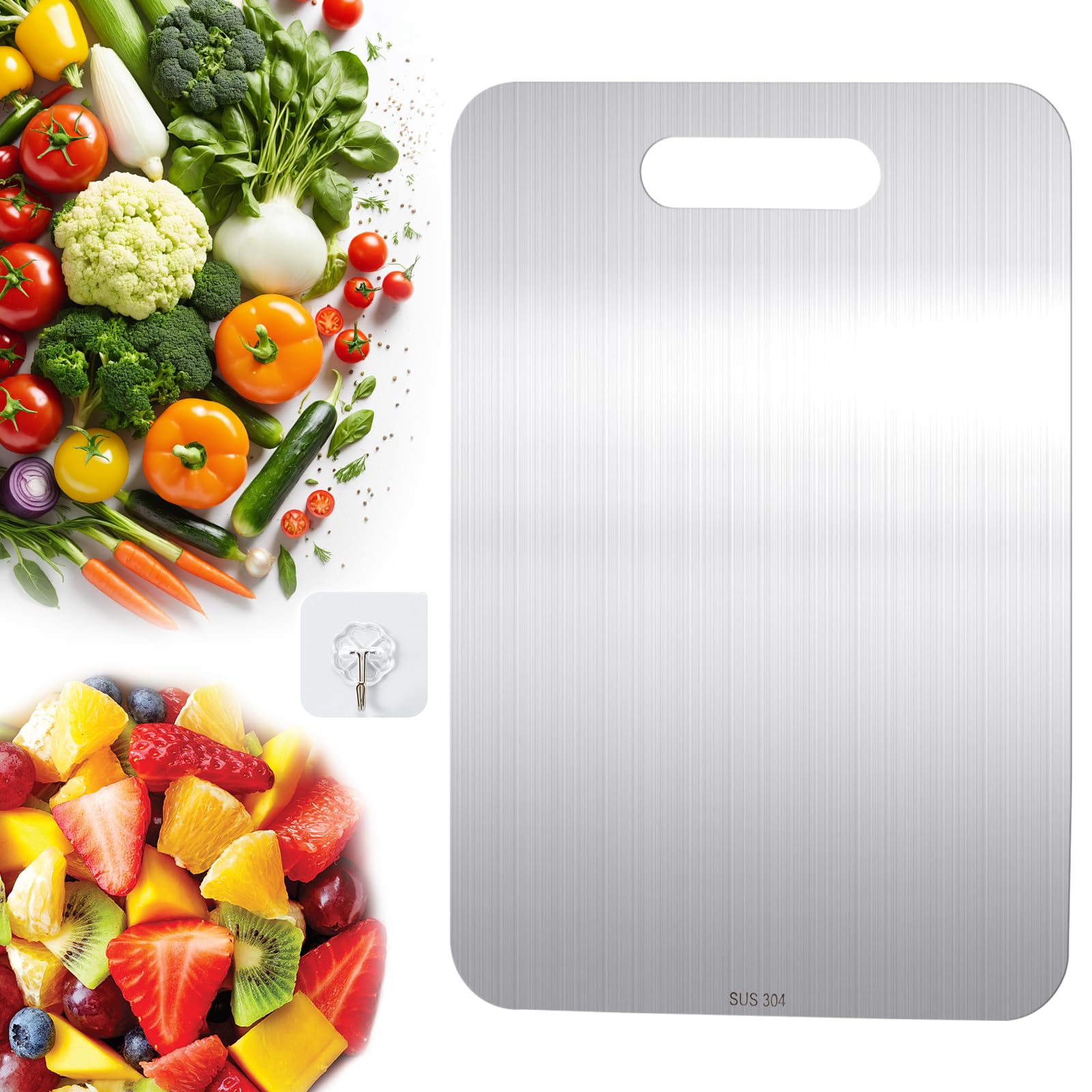 33x23.5cm Stainless Steel Cutting Board, Multipurpose Metal Chopping Board, Double-Sided Food Grade Cutting Boards, SUS 304 Chopping Board with Hanging Hole Wall Hook for Meat Fruit Vegetables