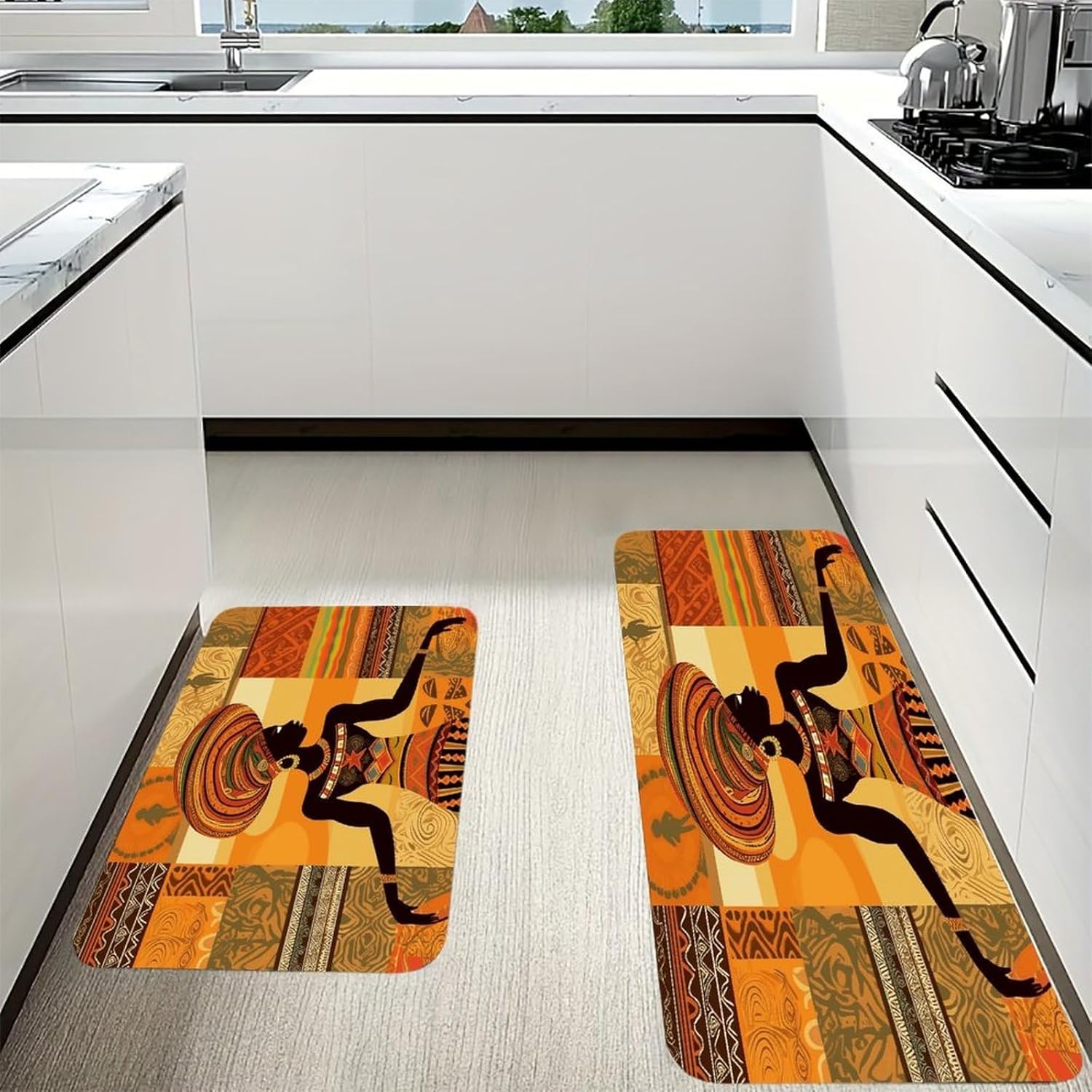 African Woman Kitchen Mat Washable Non Slip Rugs Soft Kitchen Mats for Floor Set of 2 PCS Cushioned Absorbent Runner Standing Rugs for Home Sink Laundry Office