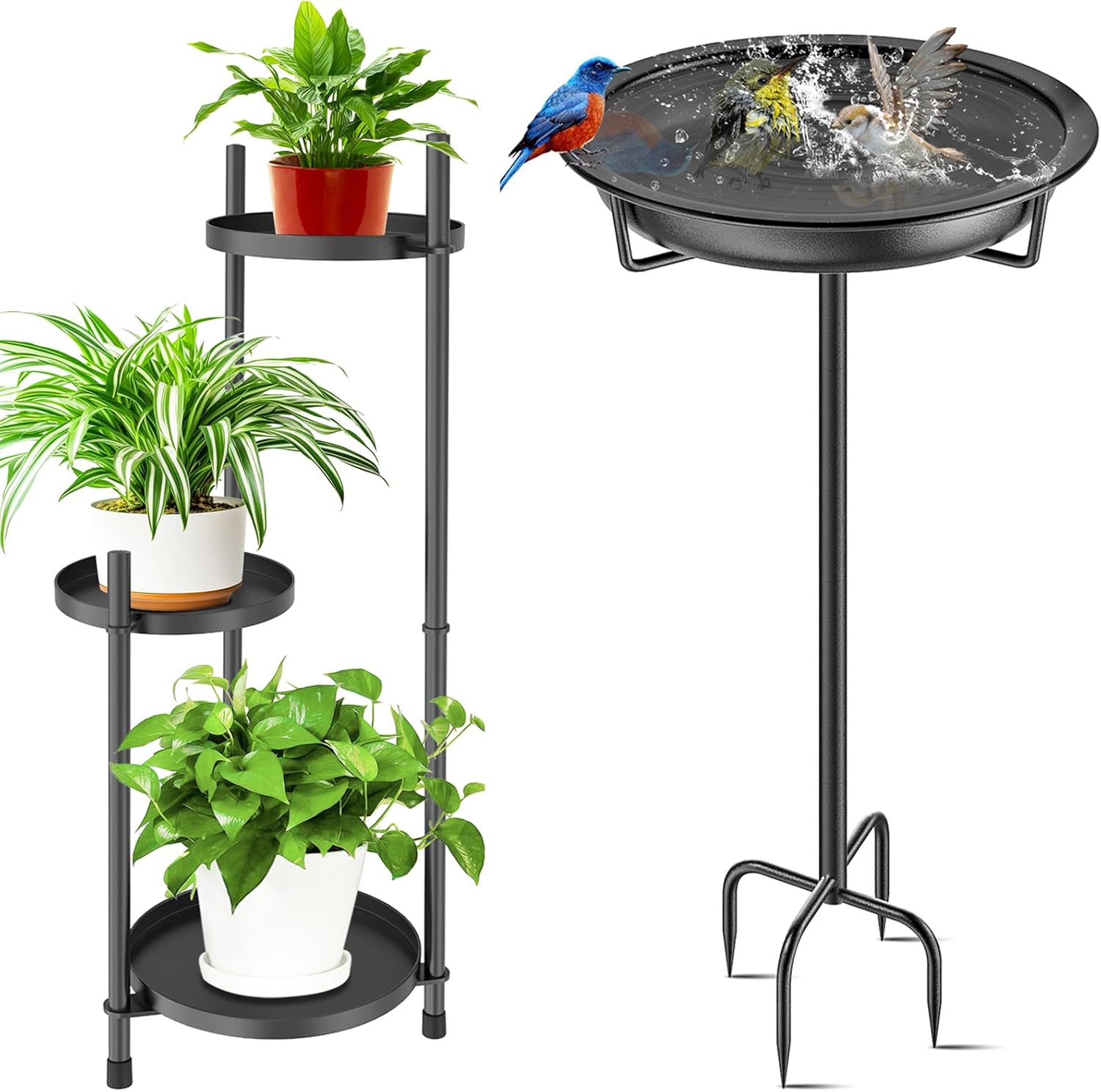 3 Tier Plant Stand Indoor & Metal Bird Bath for Outside Garden Birdbath Bowl, Black Metal Corner Plant Stands & Birdbath for Garden Balcony Patio Decor