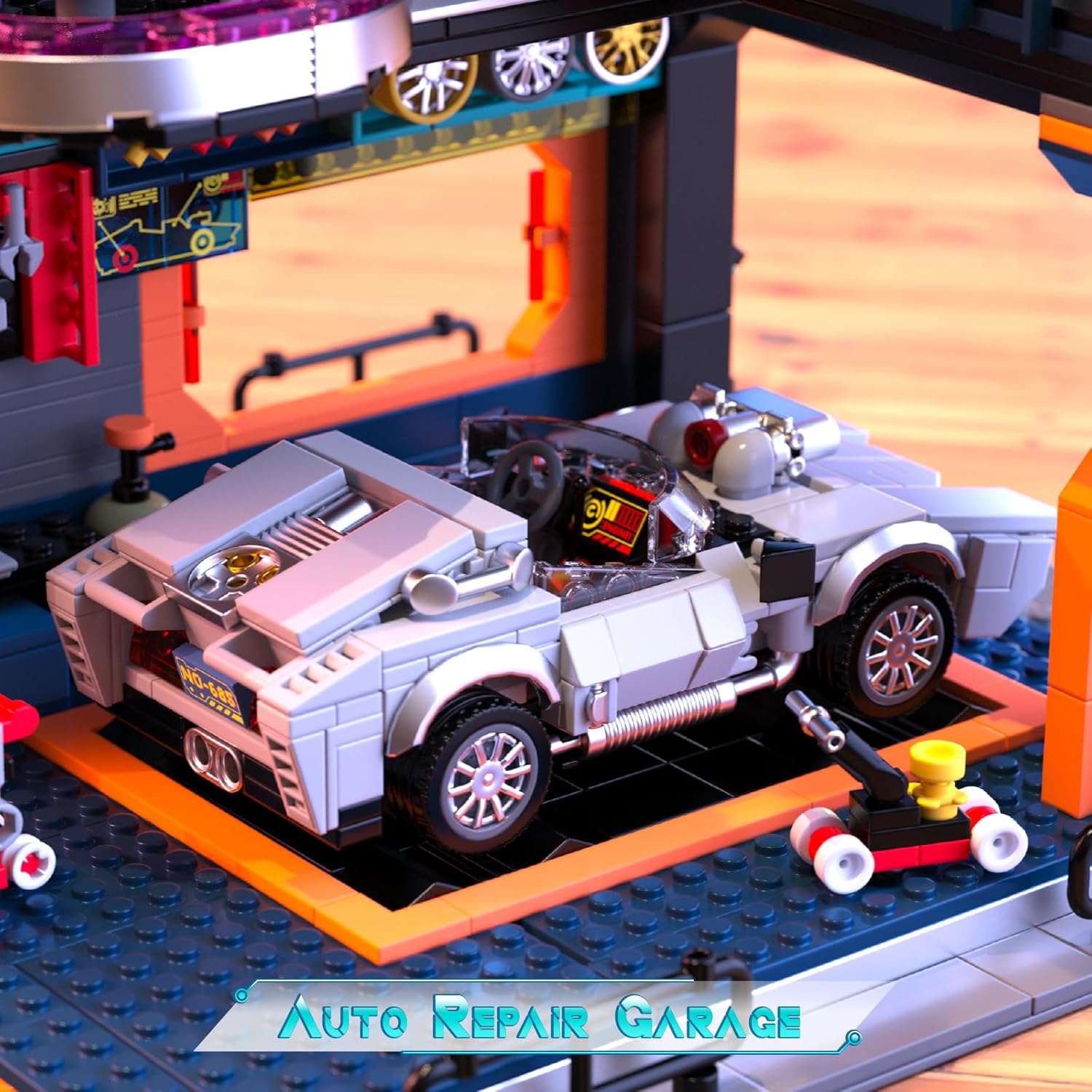 Cyber-Punk Mansion Building Blocks Set, 2098 PCS Neon Auto Repair Shop Building Set with Sci-fi Sports Car, Cyber-Punk Modular Street View Collection for Display, Gift for Adults and Sci-fi Lovers