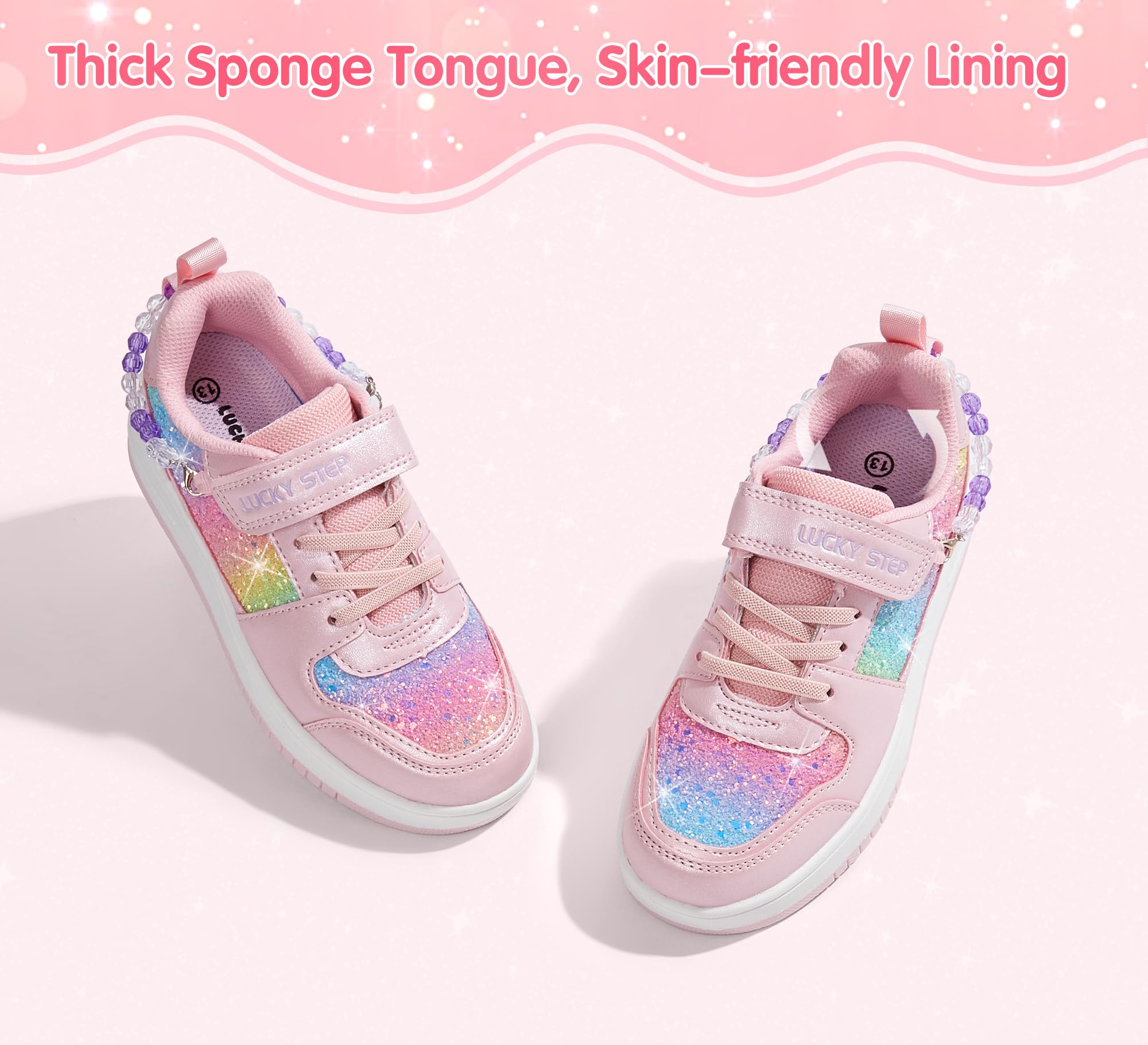 LUCKY STEP Zapatillas Brillantes para Niñas con Cierre Autoadhesivo y Cuentas, Deportivas para Escuela/Fiestas, Zapatos Deportivos con Purpurina para Niñas/Niños
