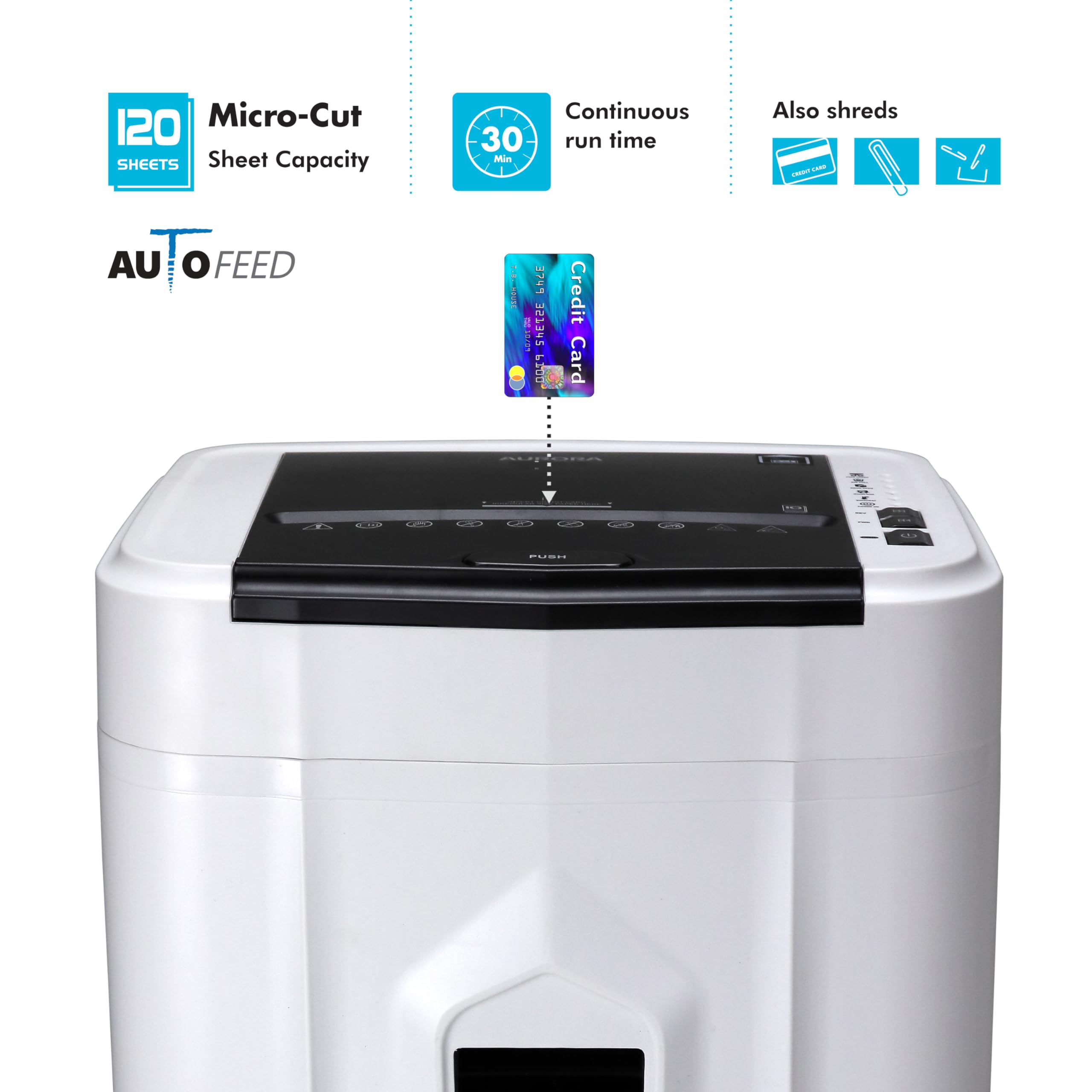 Aurora Professional Grade 120-Sheet Auto Feed Micro-Cut Paper and Credit Card Shredder with 5 Gallon Pullout Basket / 30 Minutes/Security Level P-4 (White/Black)