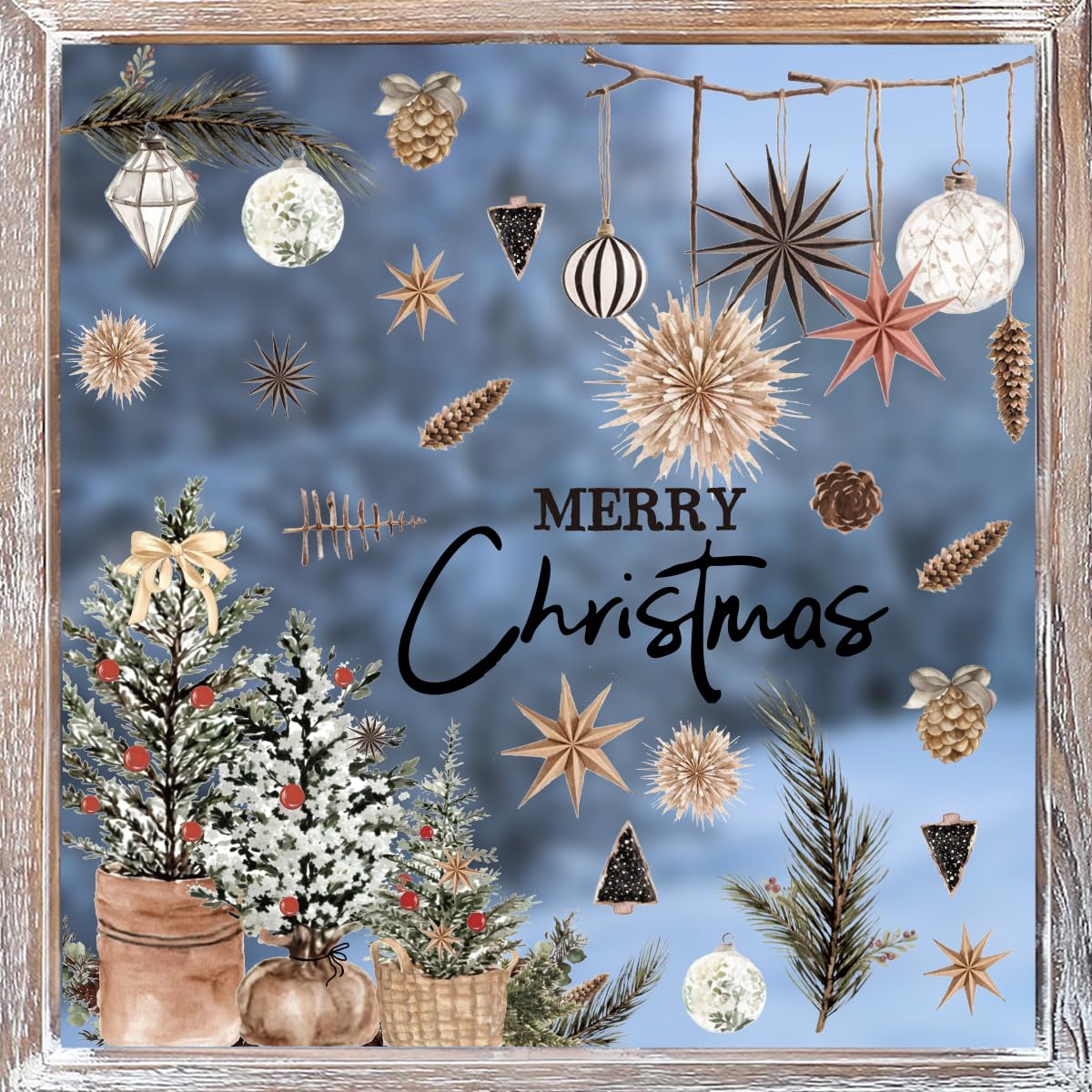 Horaldaily 45 calcomanías de Navidad para ventana, adornos de bolas de árboles de Navidad marrones para el hogar, suministros de fiesta, tienda, decoración de exhibición de vidrio