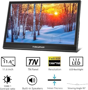 11.6 Inch Portable Monitor 1366 x 768 LED Display Small External Monitor for Laptop and Computer, Build in Speakers