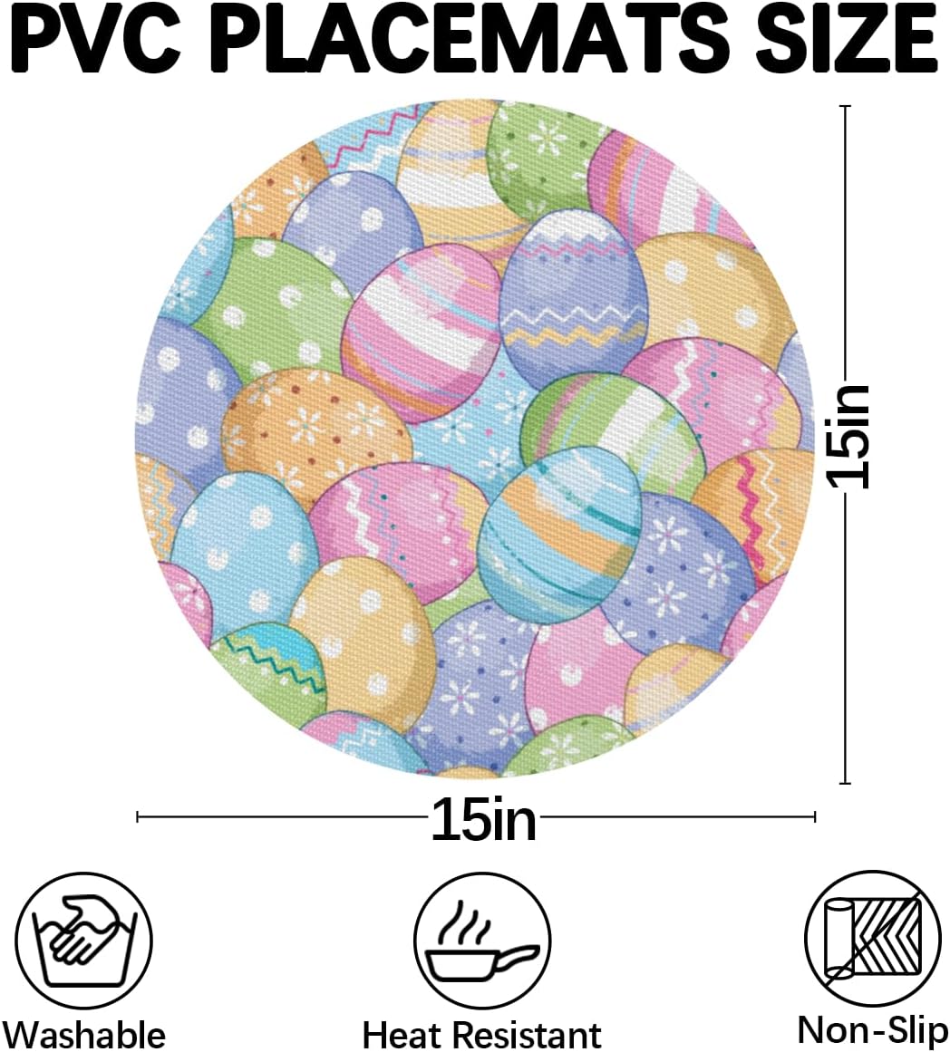Easter PVC Placemats Set of 4 with Round Centerpiece Mat, Happy Easter Cartoon Colorful Eggs Wedge Table Mats, Washable, Heat Resistant