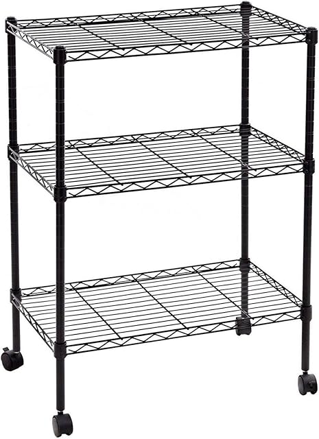 Amdohai Storage Shelving Unit, Shelving Rack 3 Tier Plastic Coated Iron Shelf Household Storage Organizer with Wheels for Home Office Kitchen Workshop,60 x 35 x 85 cm,Black
