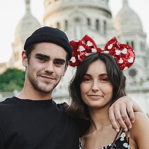 Miniatura 7 de Diademas de orejas de ratón con lazo con purpurina para el día de San Valentín, diadema de lentejuelas rojas con patrones de corazón, orejas de