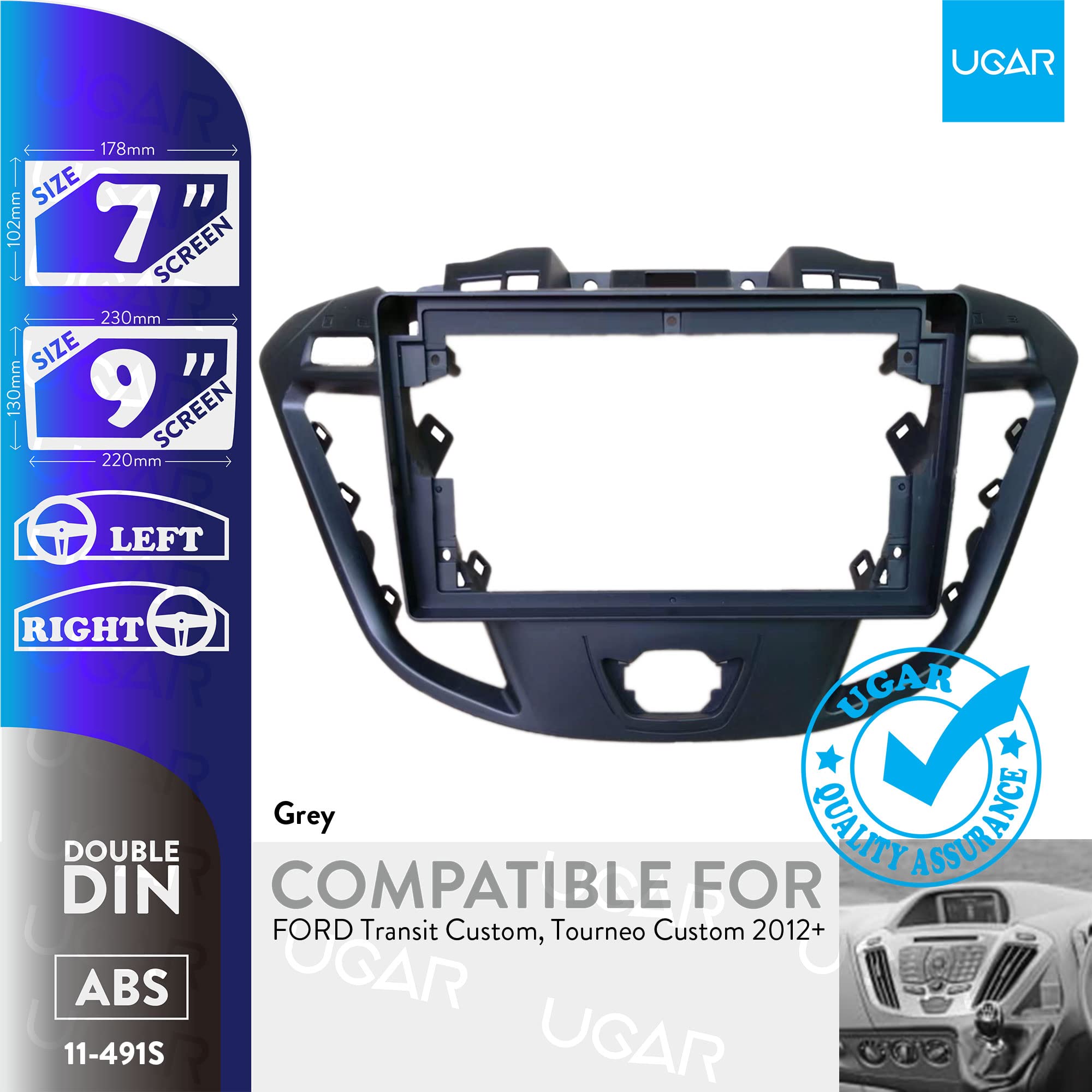 UGAR 7 inch / 9 inch Compatible for FORD Transit Custom, Tourneo Custom 2012+ Radio Stereo Dash Installation Mount Kit