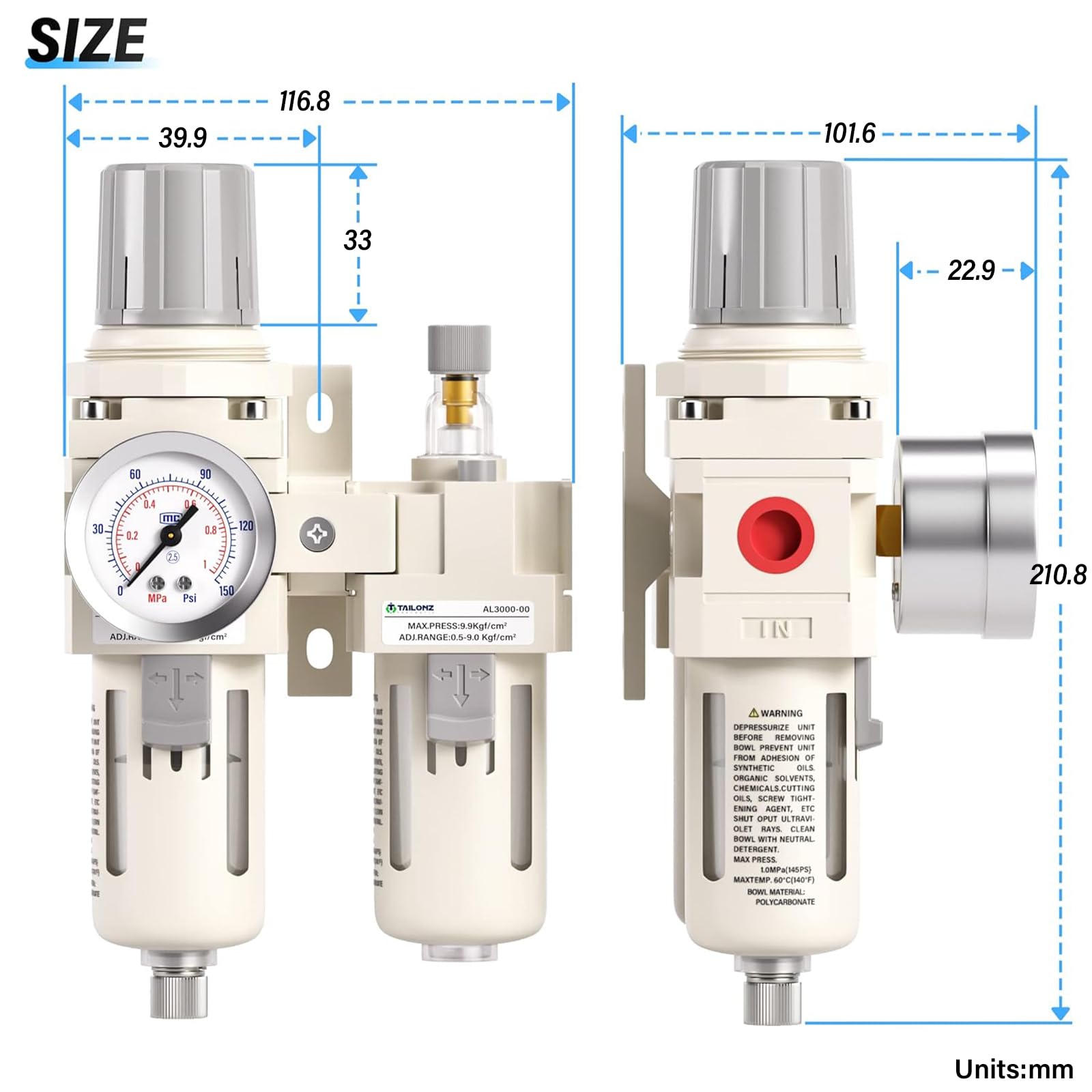 TAILONZ PNEUMATIC 3/8 Pulgada BSP Filtro de Aire Regulador de Presión Separador de Agua/Aceite Combo(0-1MPA),Herramienta de Aire Compresor Filtro con Manómetro AC3010-03(Drenaje Manual)