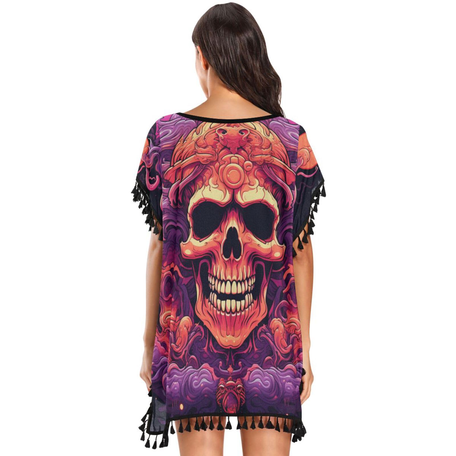 Cool Skull Monster Art Women's Beach Cover Up Chiffon Tassel Swimwear Swimsuit Coverups for Girl