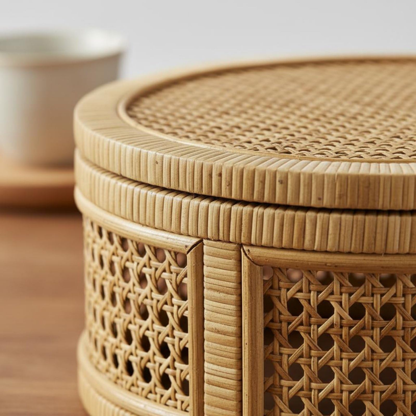 Cestino Portatutto Cestino Intrecciato Scatola Rotonda Scatola con Coperchio Organizer per Ordine Domestico Traspirante Artigianale in Rattan, L