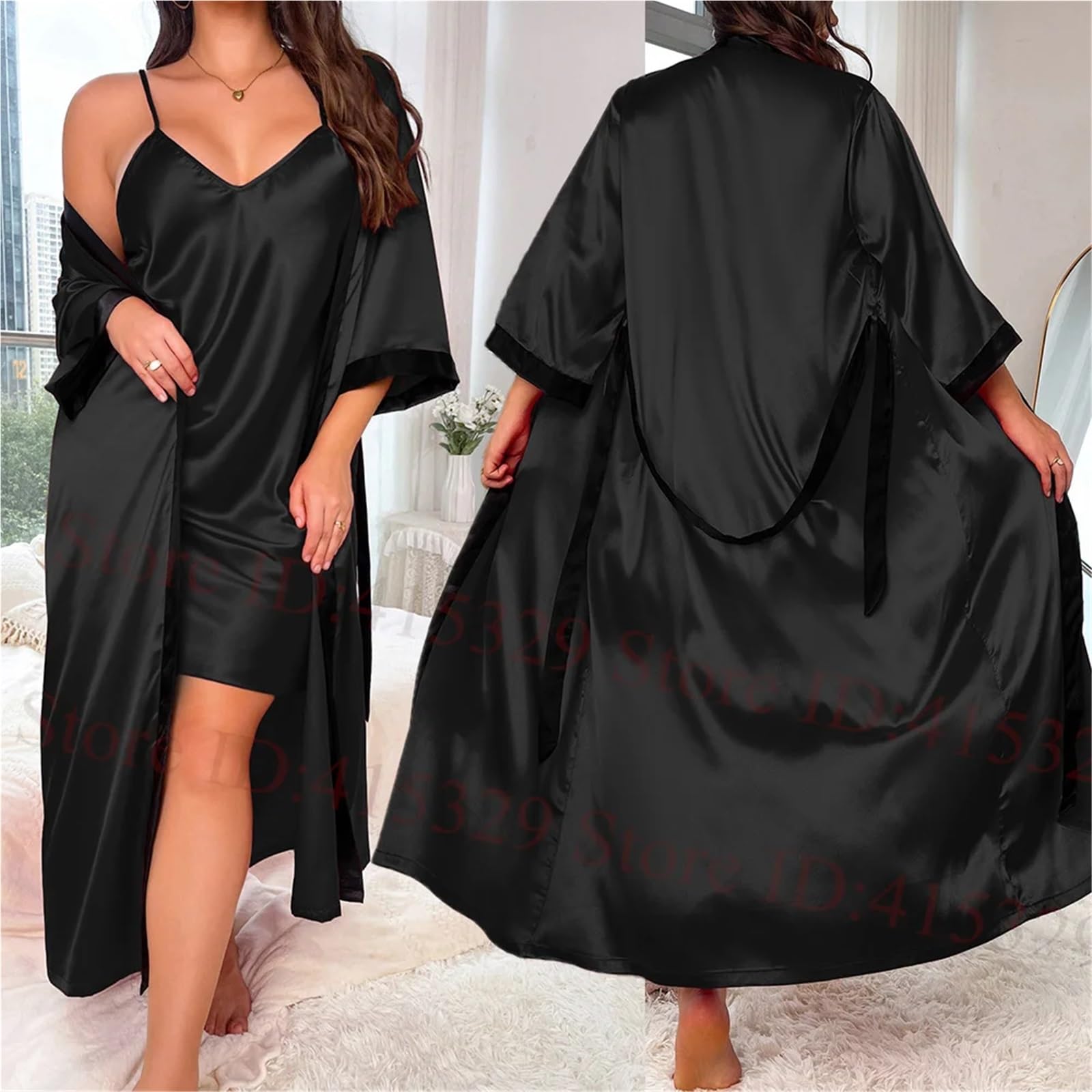 Ensemble Nuisette et Peignoir Grande Taille 3XL 4XL 5XL, Chemise de Nuit Ample en Satin for Femme, vêtements d'intérieur Sexy, Lingerie, 2 pièces, Kimono(Pink,4XL)