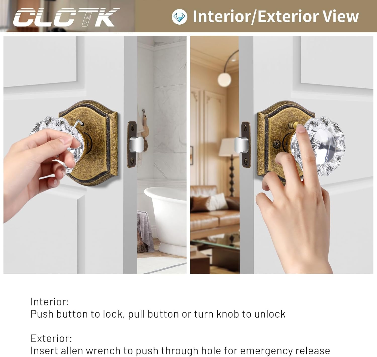 Glass Door Knobs Interior with Lock, Vintage Crystal Privacy Antique Brass Door Knobs for Bedroom Bathroom, 1 Pack