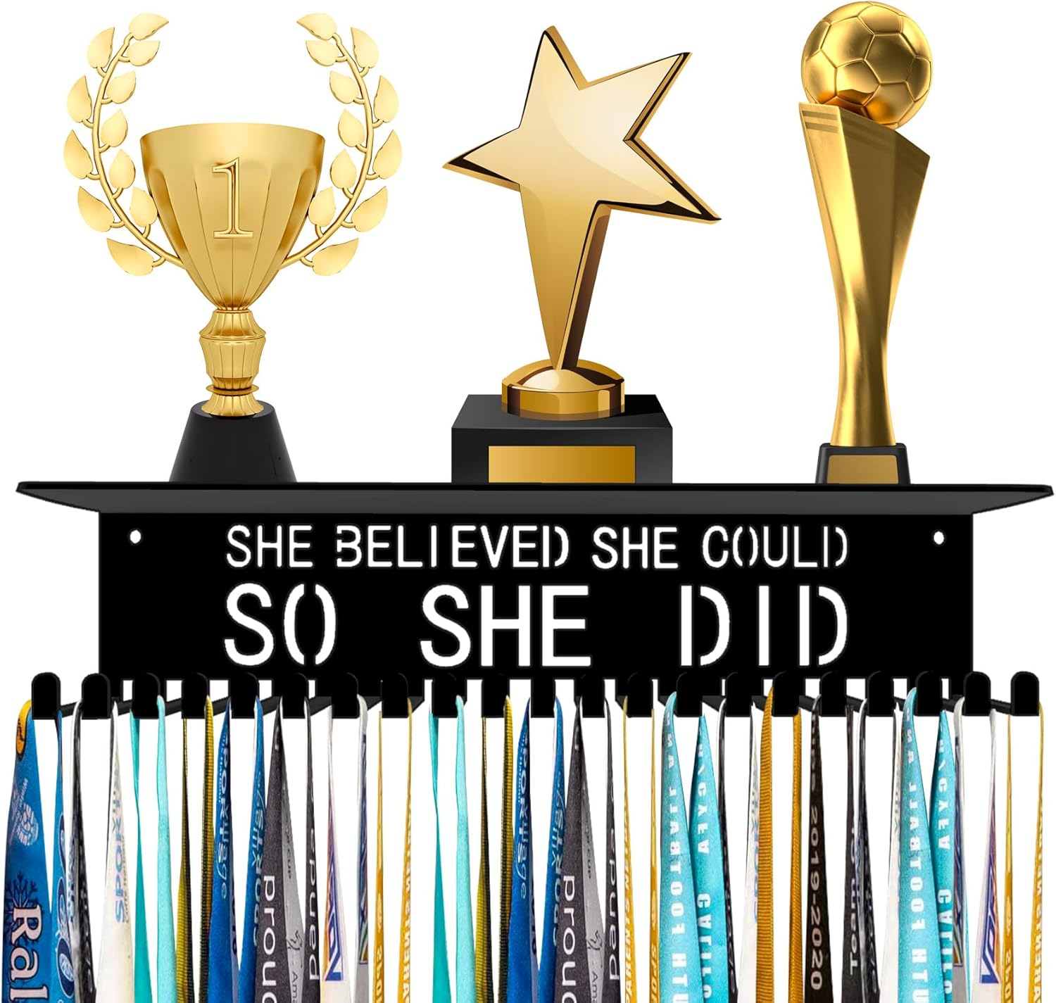 Dafftos Medal Hanger Ribbon Holder Display Shelf Metal Trophy Rack Organizer Frame Awards Ribbon Cheer Gymnastics Soccer Softball Runner Custom Hold Medals Easy to Install