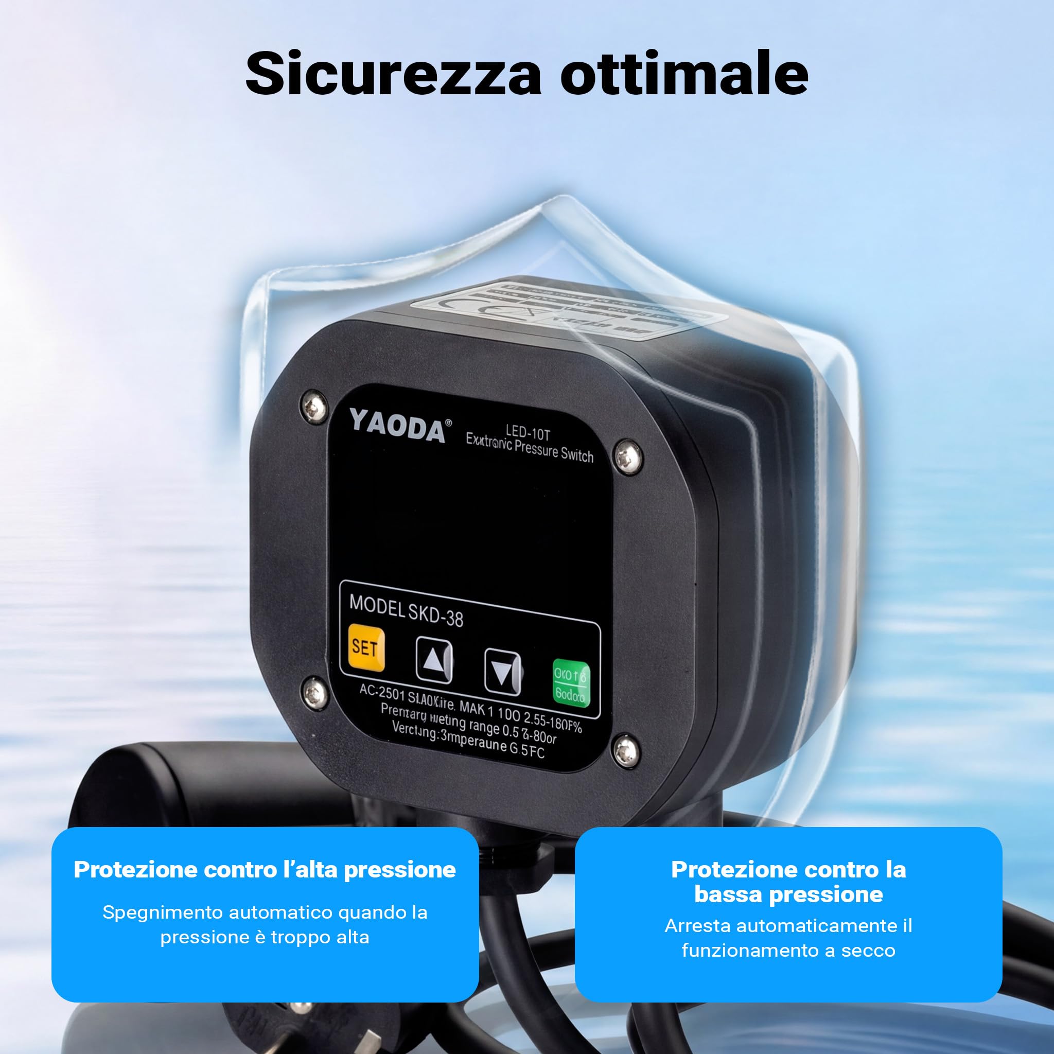 Wiltec Pressostato elettronico per impianti idrici domestici, pompe da giardino, pressostato con avvio/arresto automatico, protezione contro la mancanza d'acqua, sensore di pressione