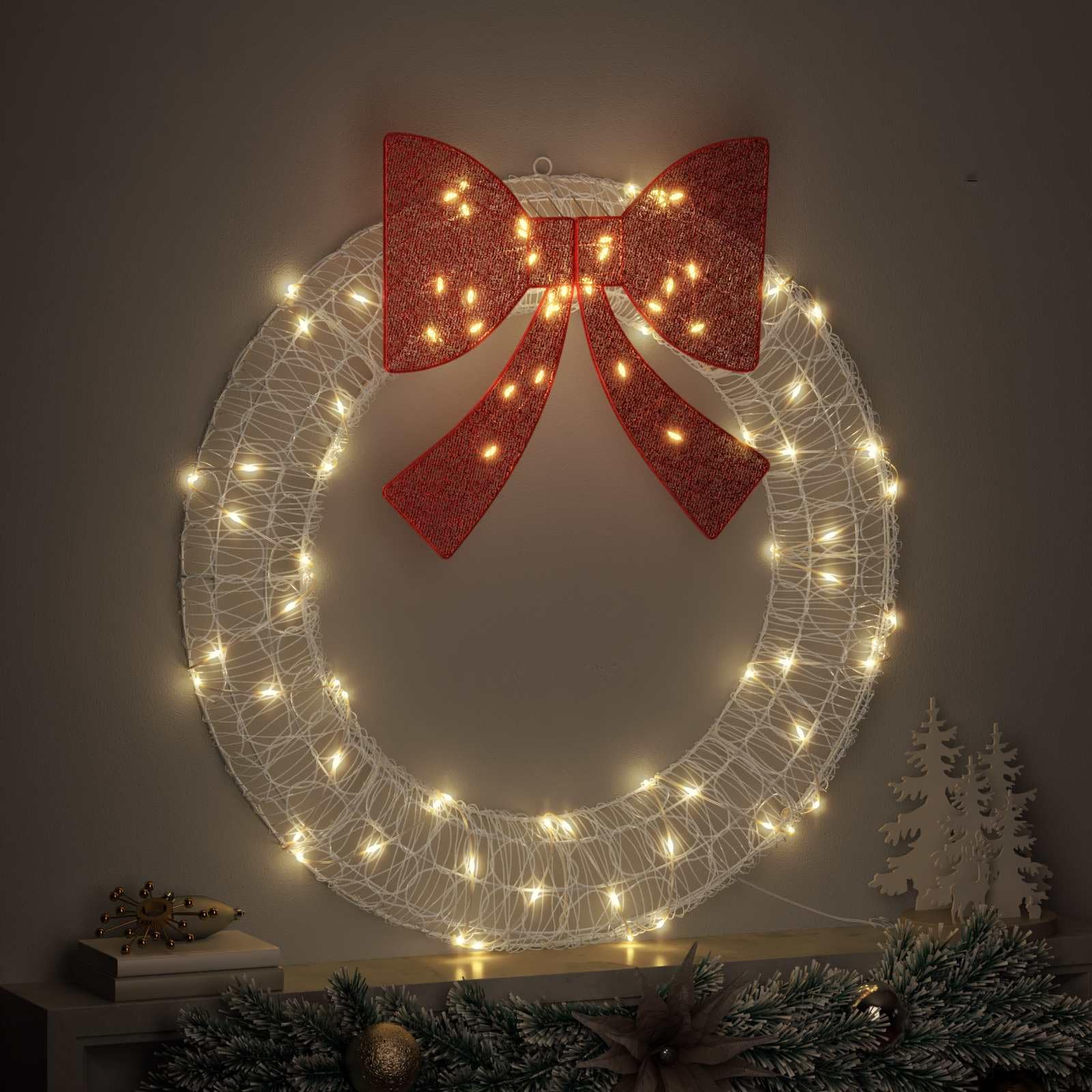 Kranz mit 80 LEDs Warmweiß aus Acryl 92 x 92 x 9,5 cm mit großer Schleife, USB-betrieben, ideal für Weihnachtsbaumschmuck, Fensterdeko, Advent und festliche Wohnraumgestaltung
